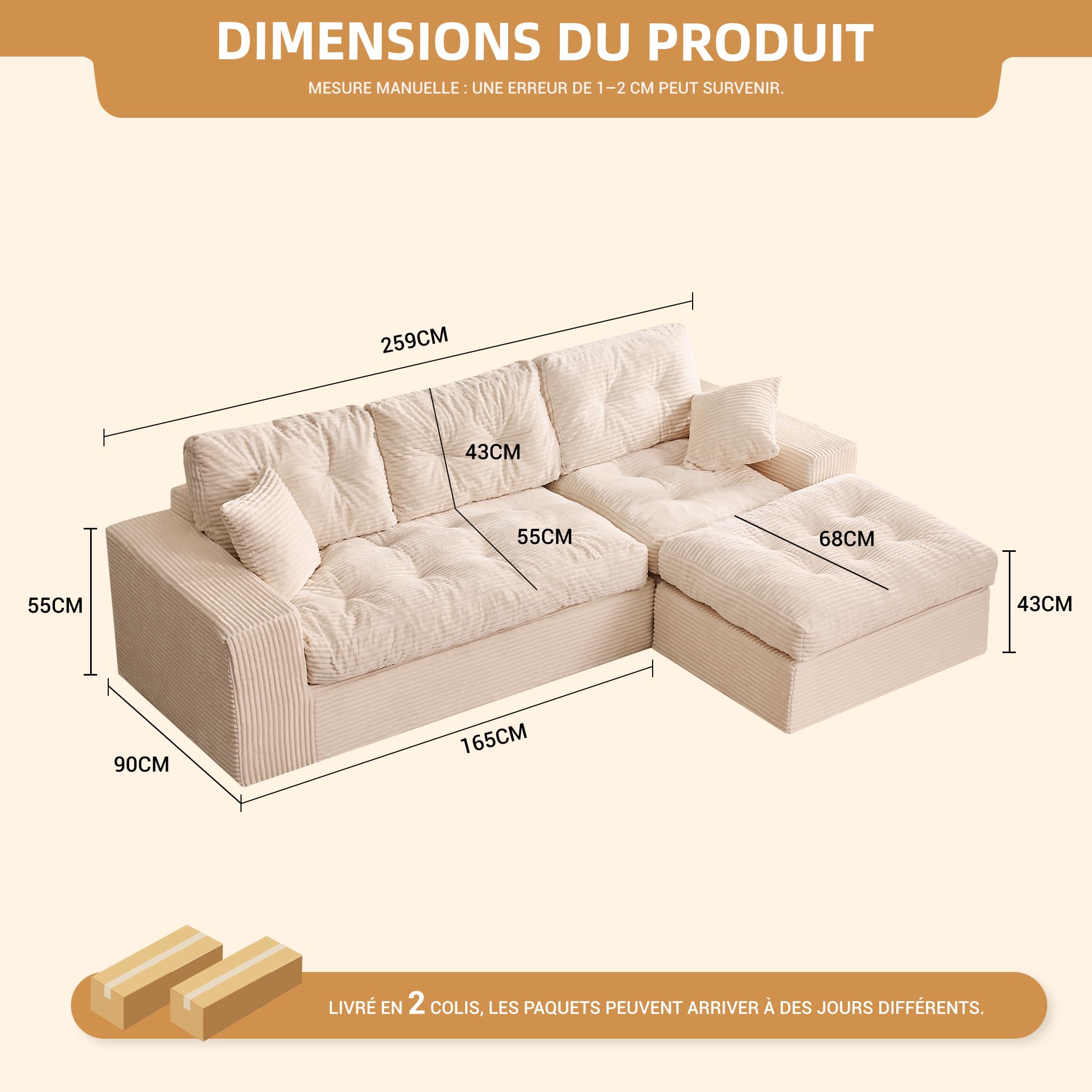 Canapé d'angle 3 Places avec méridienne, canapé Convertible canapé-lit Relax sans Montage, Grand canapé en Tissu côtelé pour Salon spacieux (Beige)