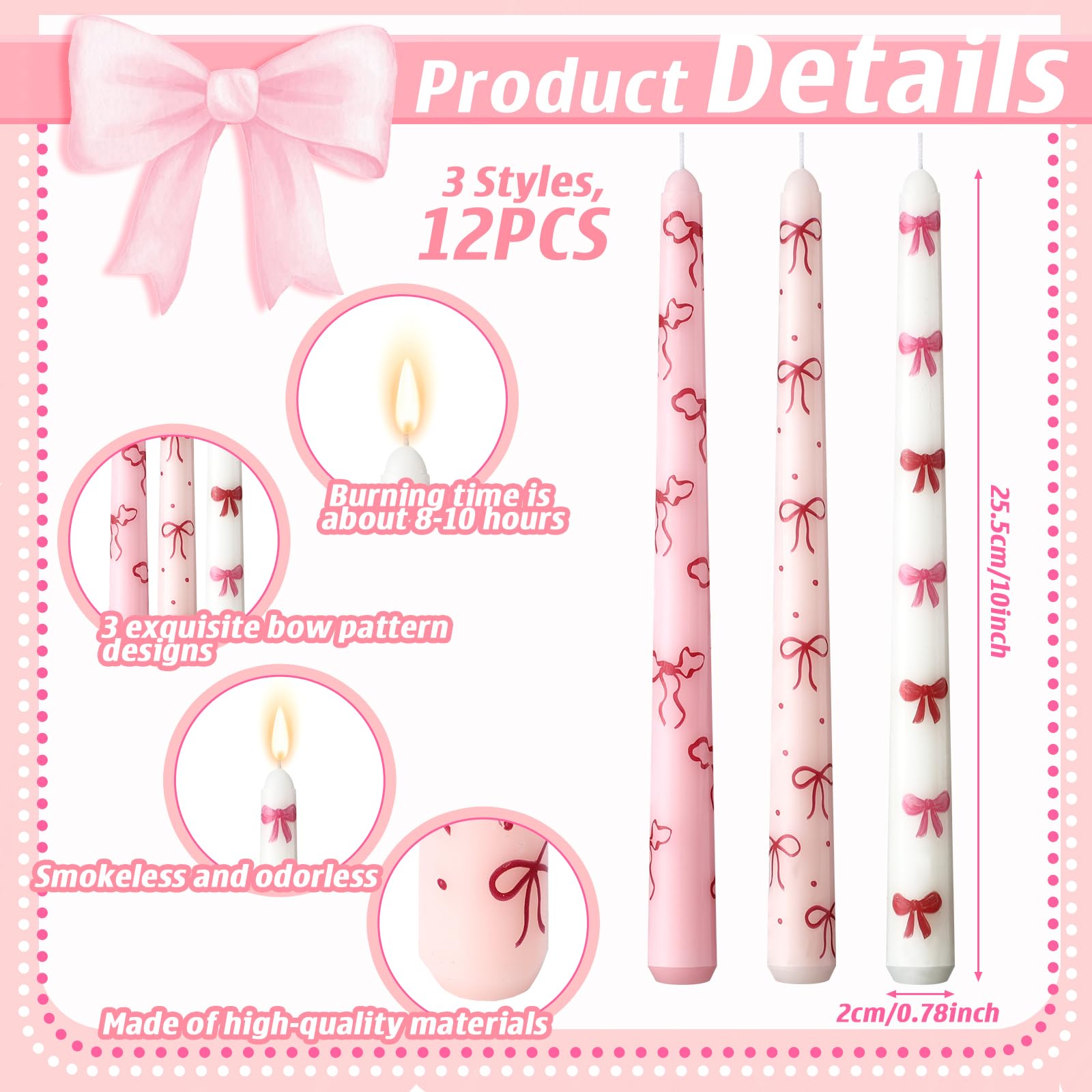 Yuntau 12 Set Bow Taper Candles 10 Inch Long Unscented Coquette Bow Candles Pink Candlesticks for Women Girl Church Baby Shower Dinner Table Birthday Wedding Party Supplies