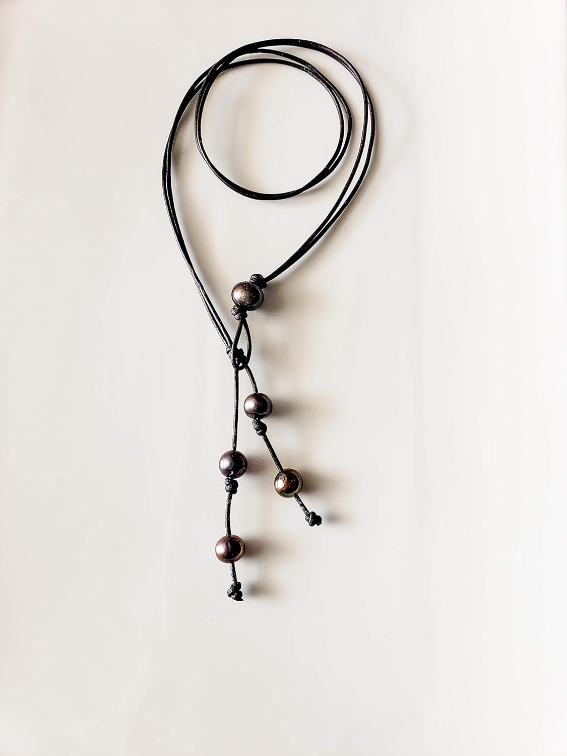 Black Leather Black Pearl Y necklace, 20 inches long above the tassell