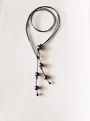 Miniatura 6 de Black Leather Black Pearl Y necklace, 20 inches long above the tassell