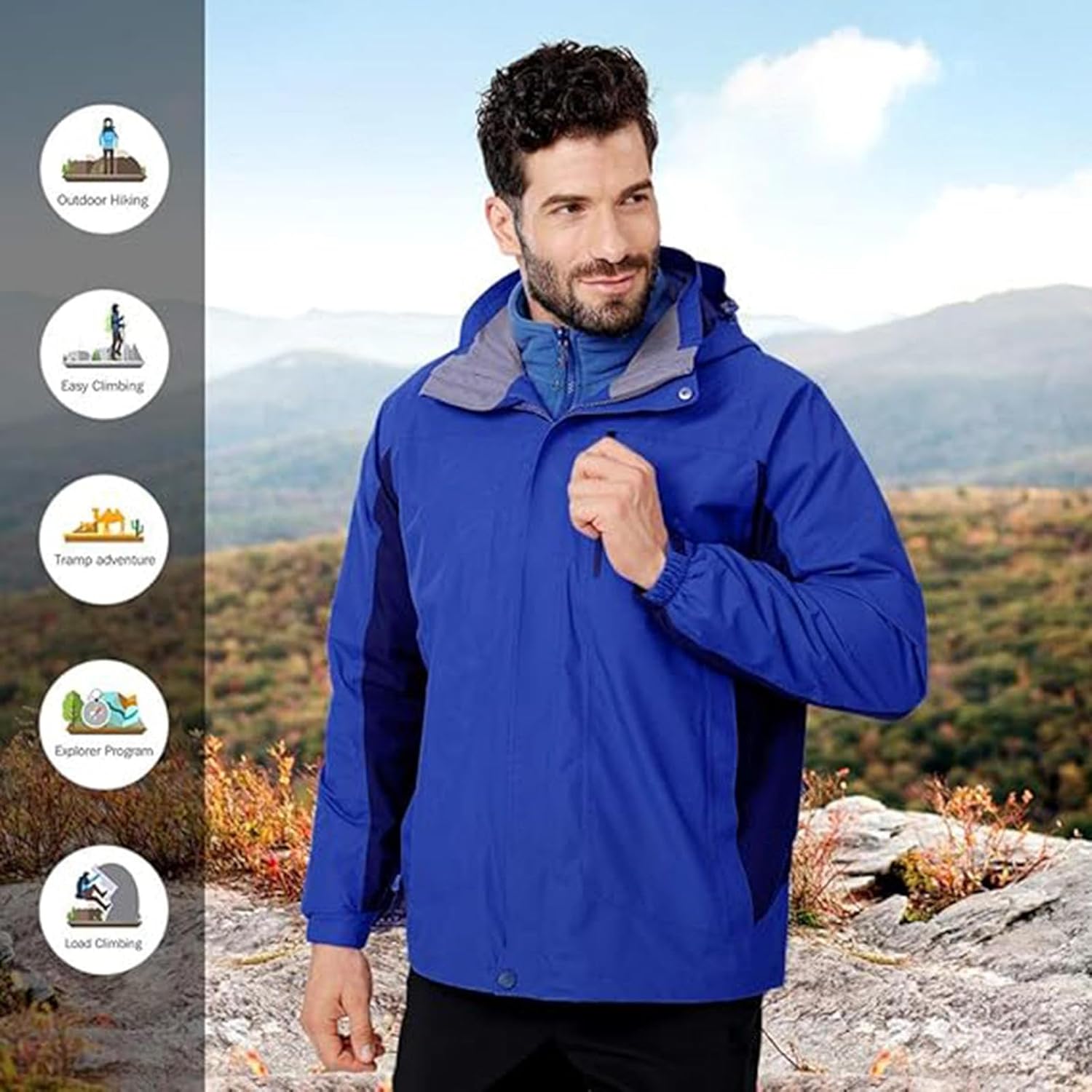 メンズ スキージャケット 3 In 1 防水ウィンタージャケット スノージャケット 防風フード付きインナー暖かいフリースコート付き,