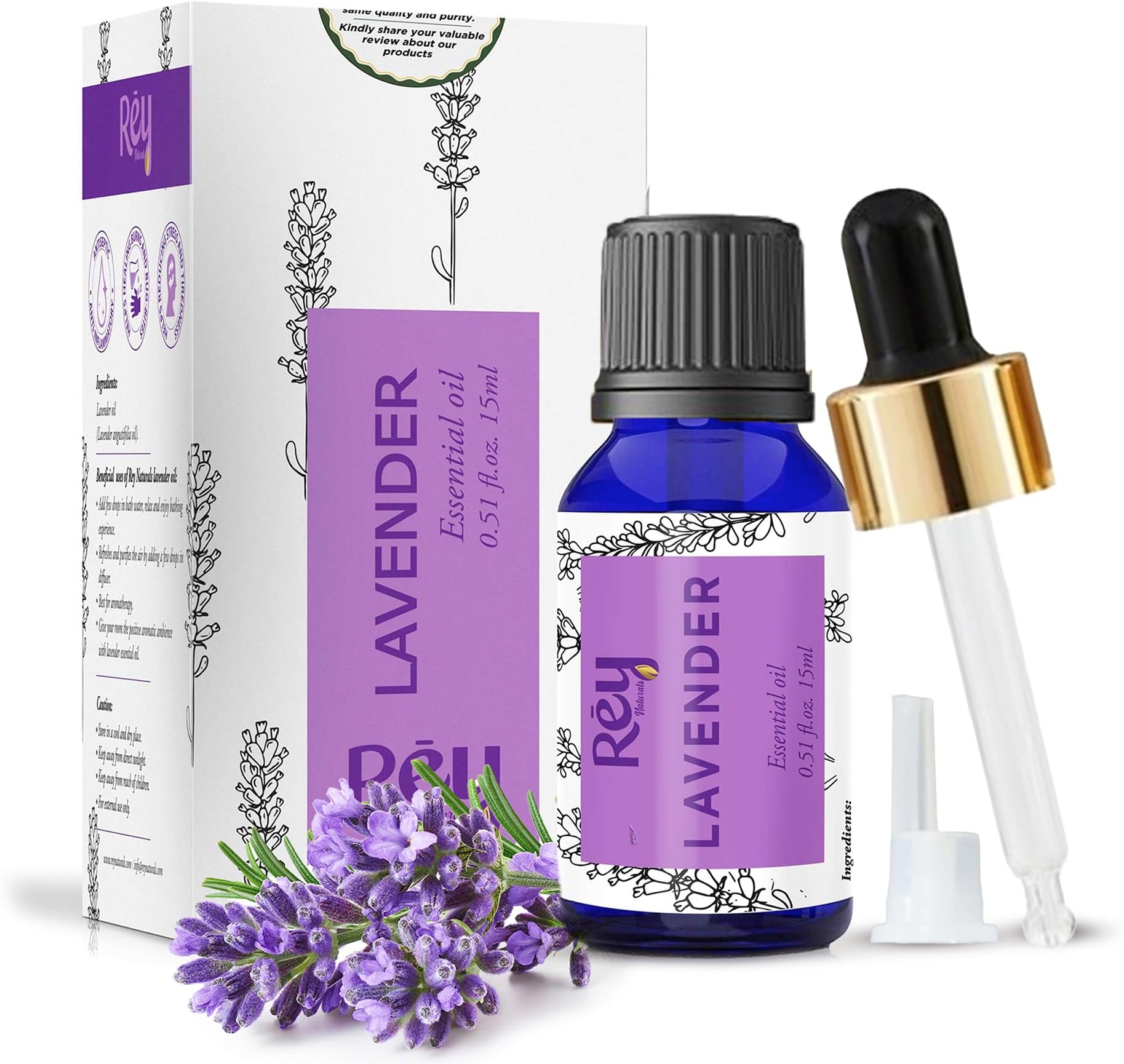 Rey Naturals Lavender Essential Oil For Skin, Hair Growth & Aromatherapy For Men & Women | Lavender Oil For Diffuser & Sleep | Pure Essential Oil For Hair fall Control - 15ml