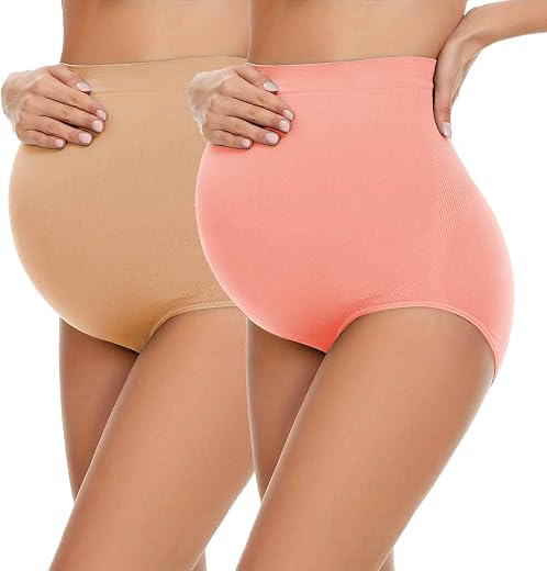 Khwaish Maternity Underwear for Women High Waist Over Bump Pregnancy Panties 2 Pack | Seamless Soft Stretchy Breathable Br...