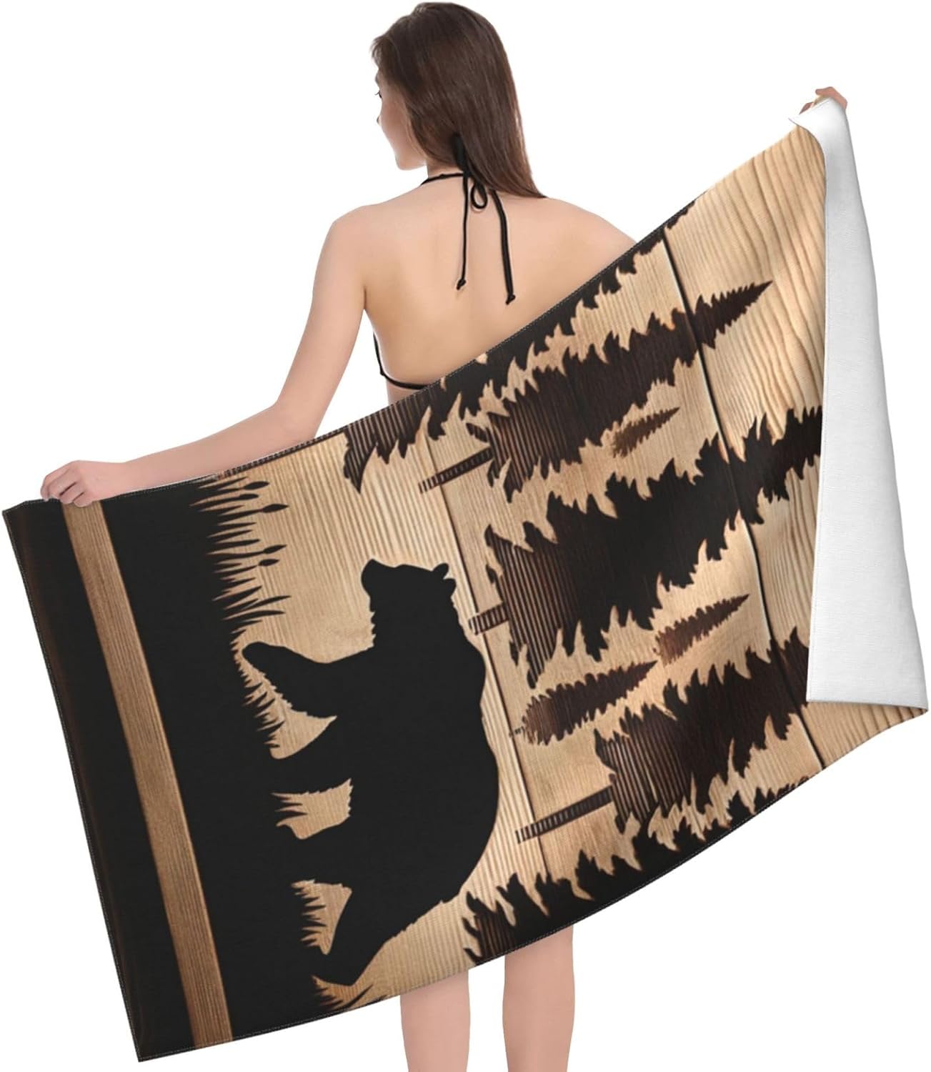 Rustic Bear Beach Towel, 32x52in Microfiber Quick Dry Gold Pine Forest Woodcut Silhouette Nature Bath Towels, Soft Lightweight Oversized Sand Free, for Travel Pool Swimming Gym Decor, Gifts