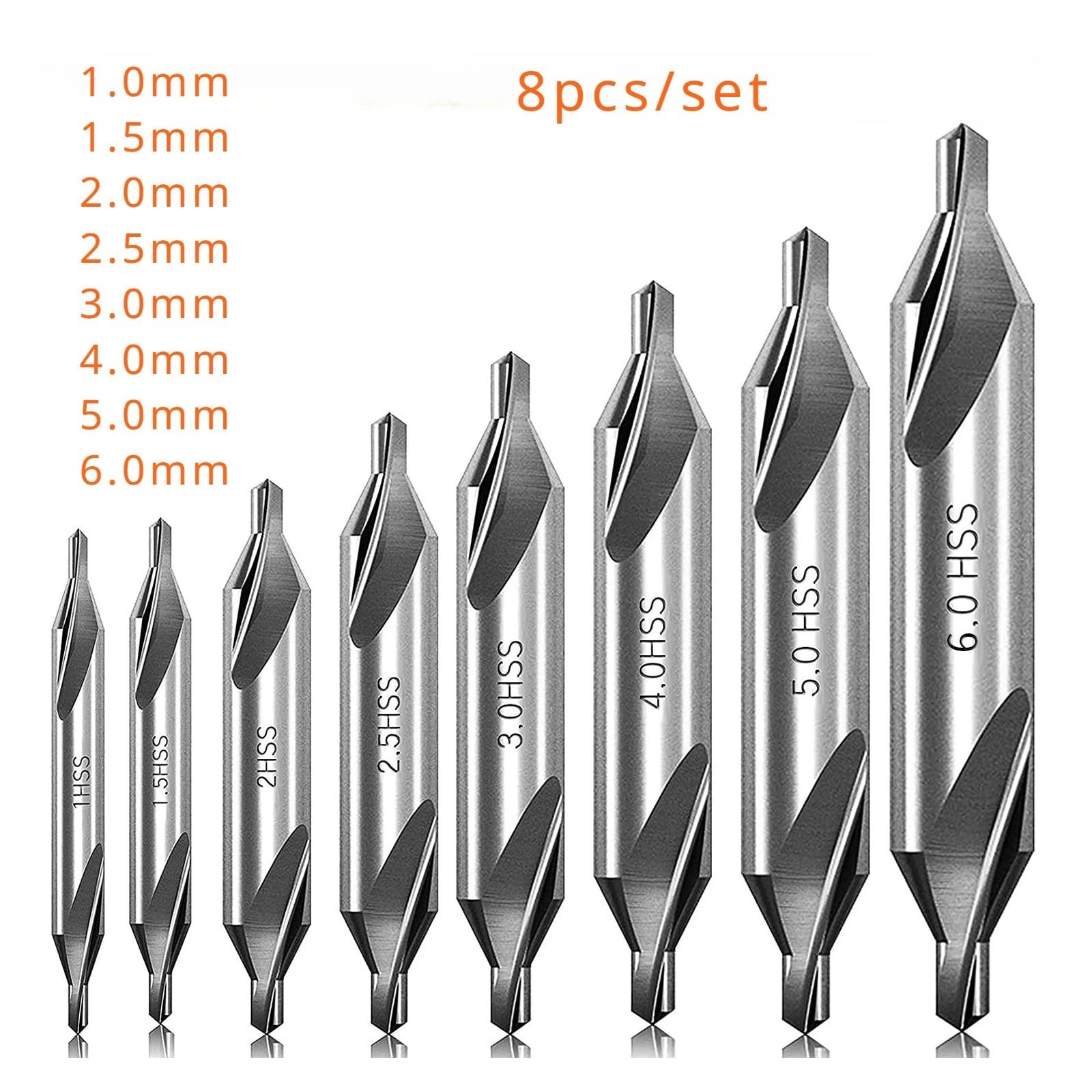 Brocas de centrado para tornos y fresadoras HSS, Kit de brocas de centrado de 60 grados, herramientas de avellanado for torno, for trabajar metales. Varios tamaños.(8PCS/SET)