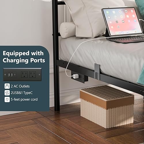 Miniatura 6 de VINGLI Base de cama de metal de tamaño individual con iluminación LED inteligente y estación de carga integrada, plataforma resistente con soporte