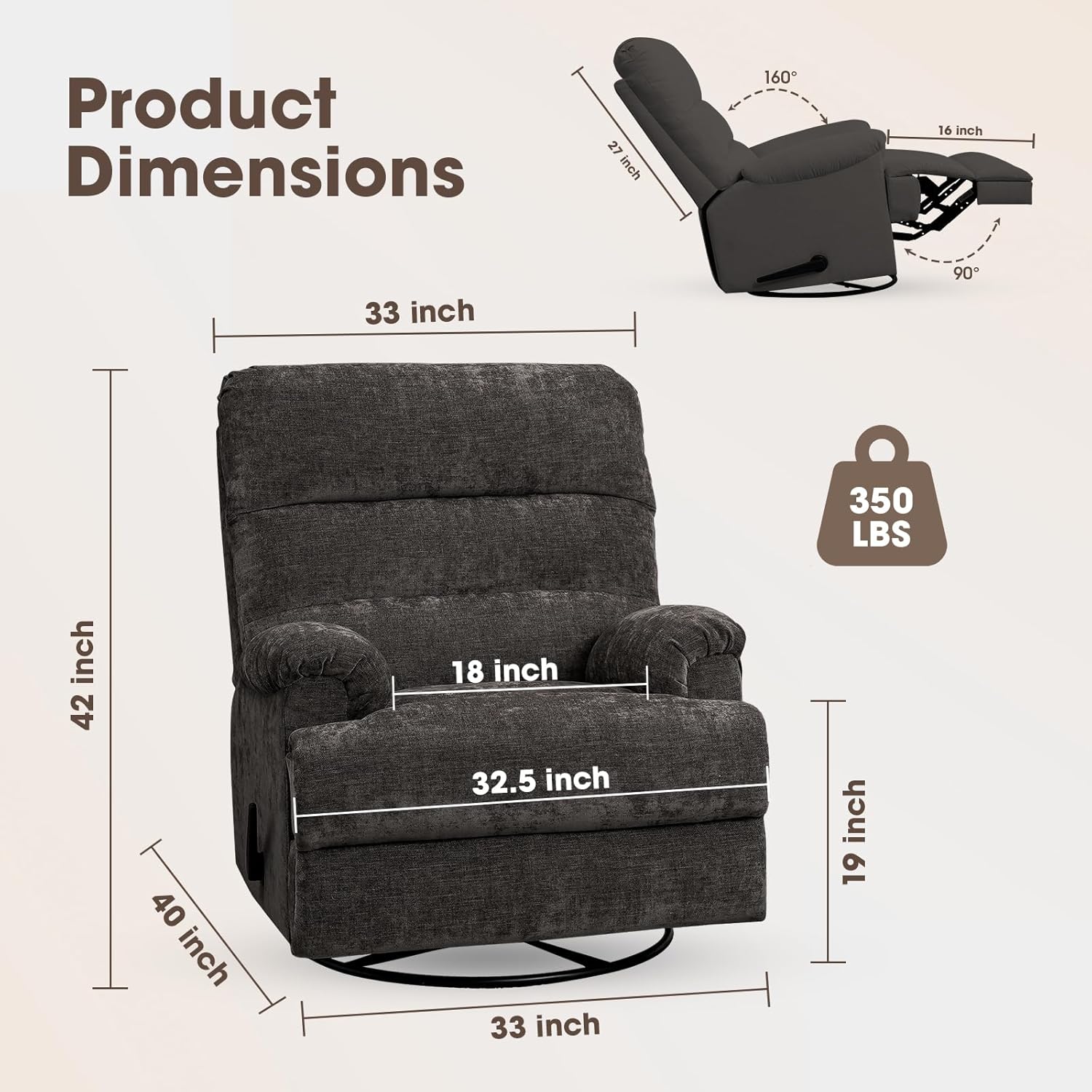 Couchus Large Swivel Rocker Recliner Chair, Glider Rocker Recliner, Lazy Recliner Chair with High Back, for Living Room (Dark Grey)
