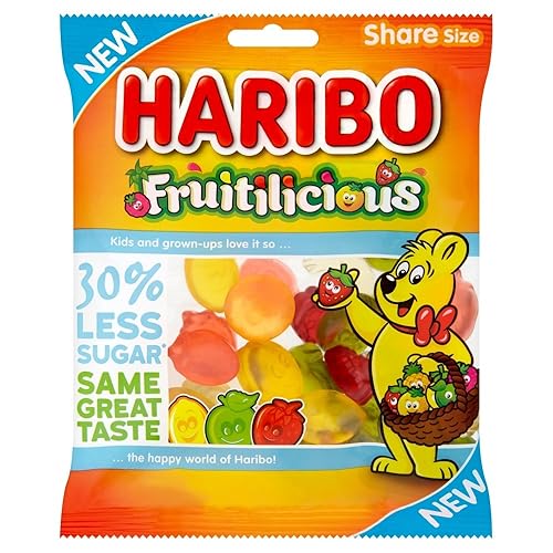 Original Haribo Fruitilicious - Caramelos de gomita importados del Reino Unido Inglaterra British Gummy Candy Haribo Fruitilicious Sugar Reduced