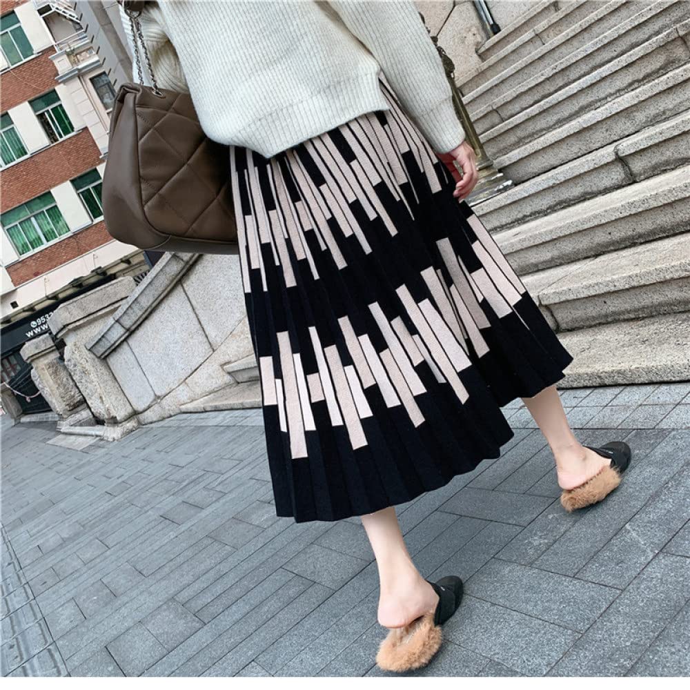 Faldas para Mujer Longitud Mediana, Falda De Punto A Rayas Faldas Plisadas Negras para Mujer Cintura Elástica Midi Falda Elegante De Talle Alto De Línea A Falda