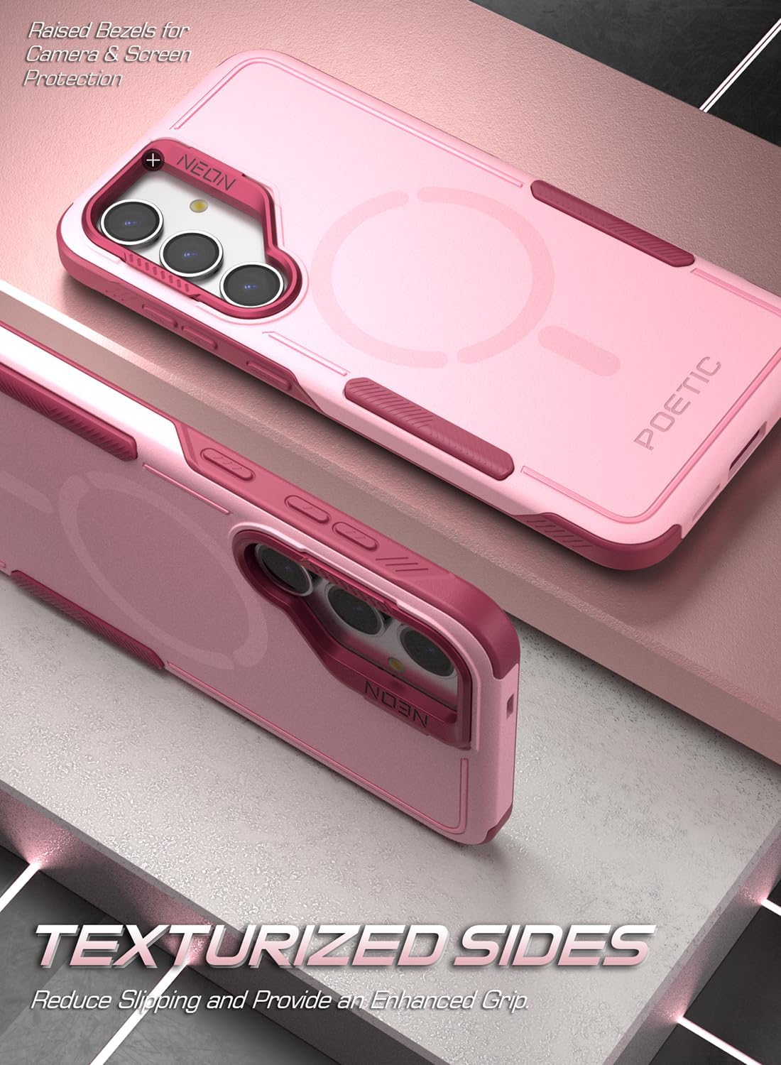 Poetic Neon Case for Galaxy S24 Plus 6.7", [Built-in Camera Stand] [Compatible with Wireless Charge], Dual Layer Rugged Slim Shockproof Protective Cover, Light Pink