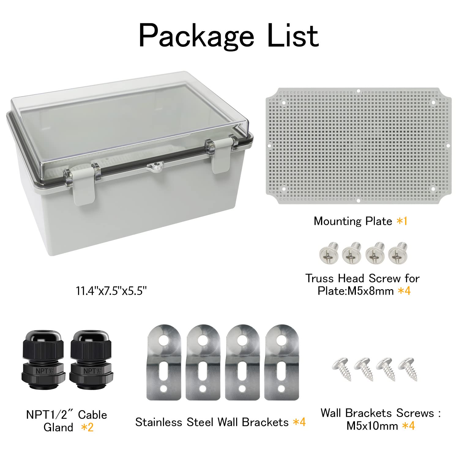 Junction Box IP65 Waterproof ABS Plastic Enclosure Hinged PC Clear Cover Electrical Project Box with Mounting Plate, Wall Brackets, Cable Glands 11.4" x 7.5" x 5.5"(290 * 190 * 140) - Image 4