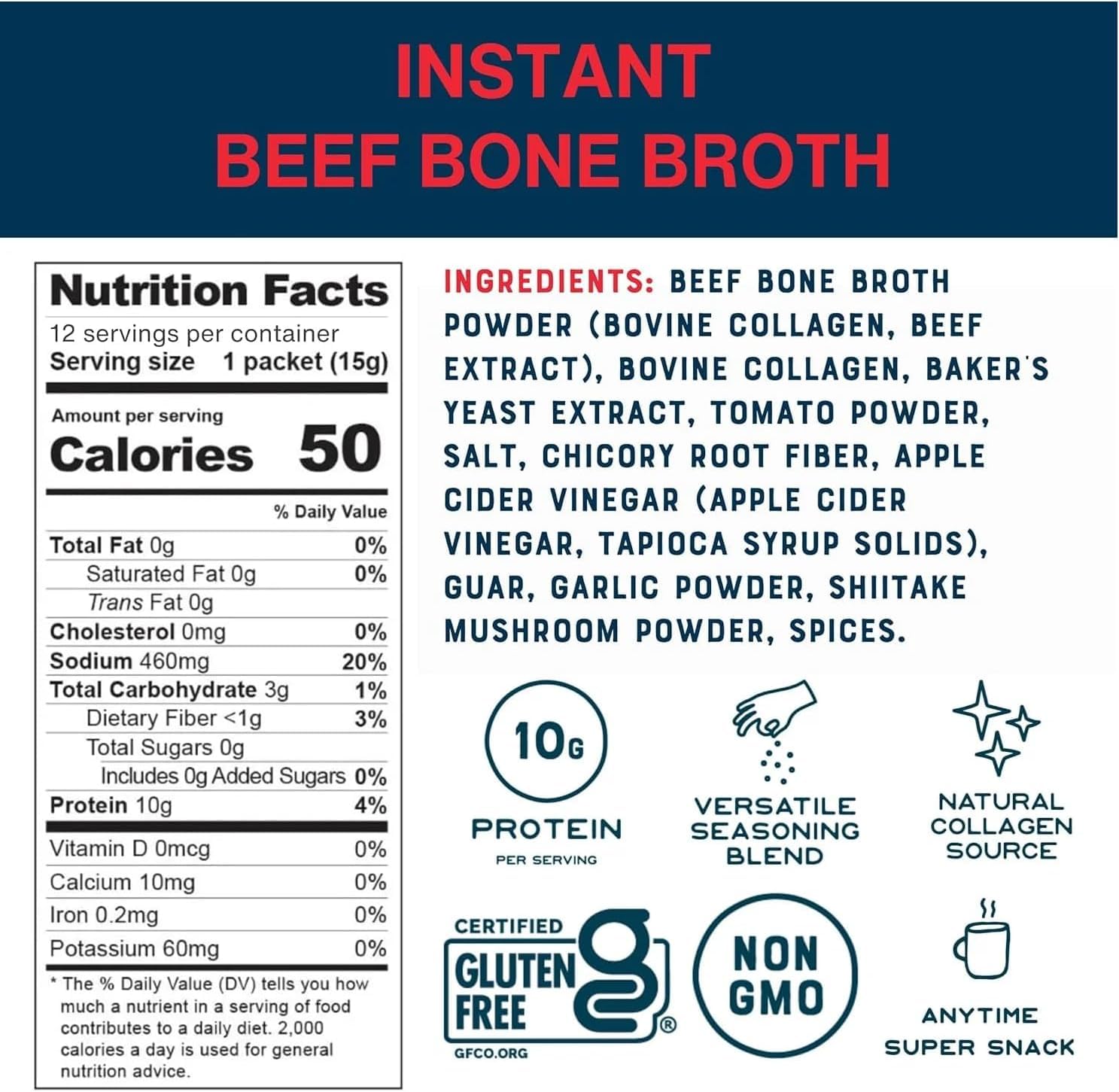 Beef Bone Broth Instant Powder Sticks, 10g Protein, Collagen Rich - Keto & Pale - Gluten-Free, Non-GMO - On The Go Individual Packets, 0.53 Oz (Pack of 12)