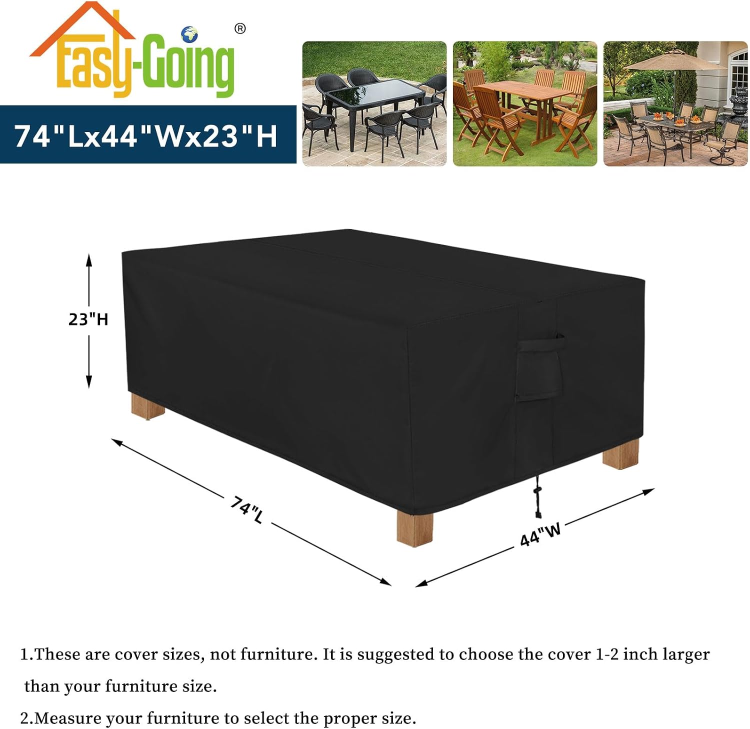 Easy-Going Patio Furniture Cover Waterproof Outdoor Rectangular Table Cover with Seal Tape at Seams (72"L x 44"W x 23"H, Black) image 2