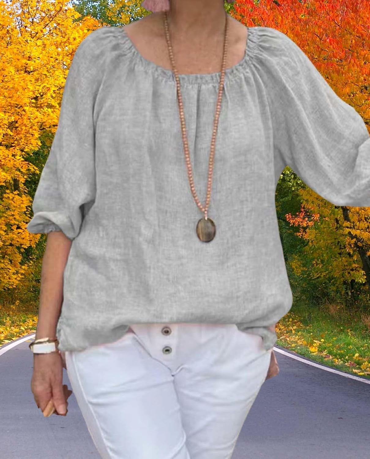 Summer Casual Womens Linen Shirt Round Neck Half Sleeve Linen Loose Pleated Tops Fashion Blouse T Shirt - Image 6