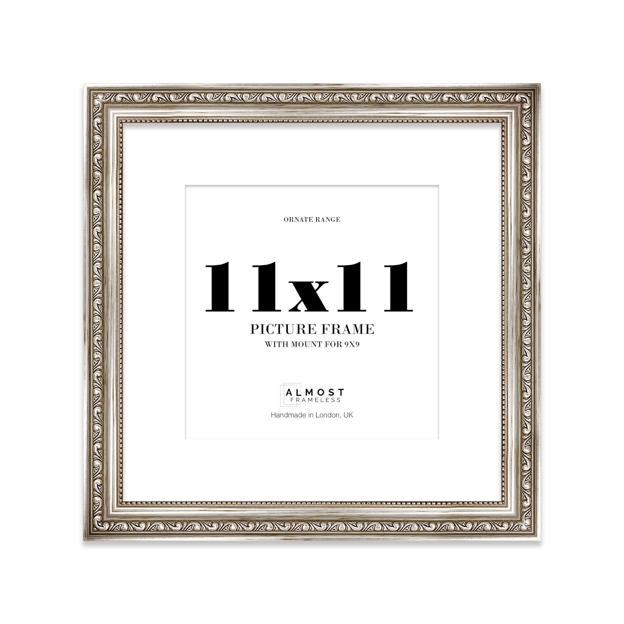 11x11 Silver Ornate Photo Frame With White Mat For 9x9 Picture, Ready to Hang or Stand, 1 Pack