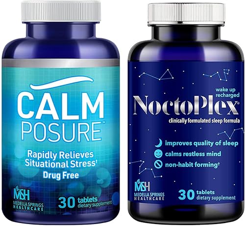 CALMPOSURE Píldoras para aliviar el estrés situacional + NoctoPlex Alivio rápido del estrés situacional y los sentimientos de ansiedad, suplemento