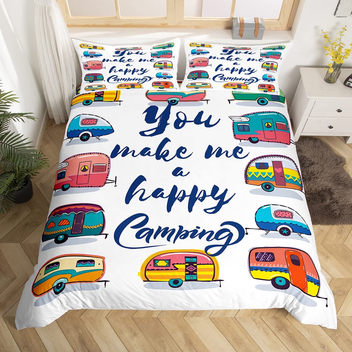 Photo 1 of Erosebridal Happy Camping Duvet Cover Full Size, Camper Bedding Set for Kids Boys Girls Bedroom Decor, Cartoon Car Comforter Cover, Colorful Toy Cars Quilt Cover with 2 Pillow Cases, Zipper Closure Multi 3 Full