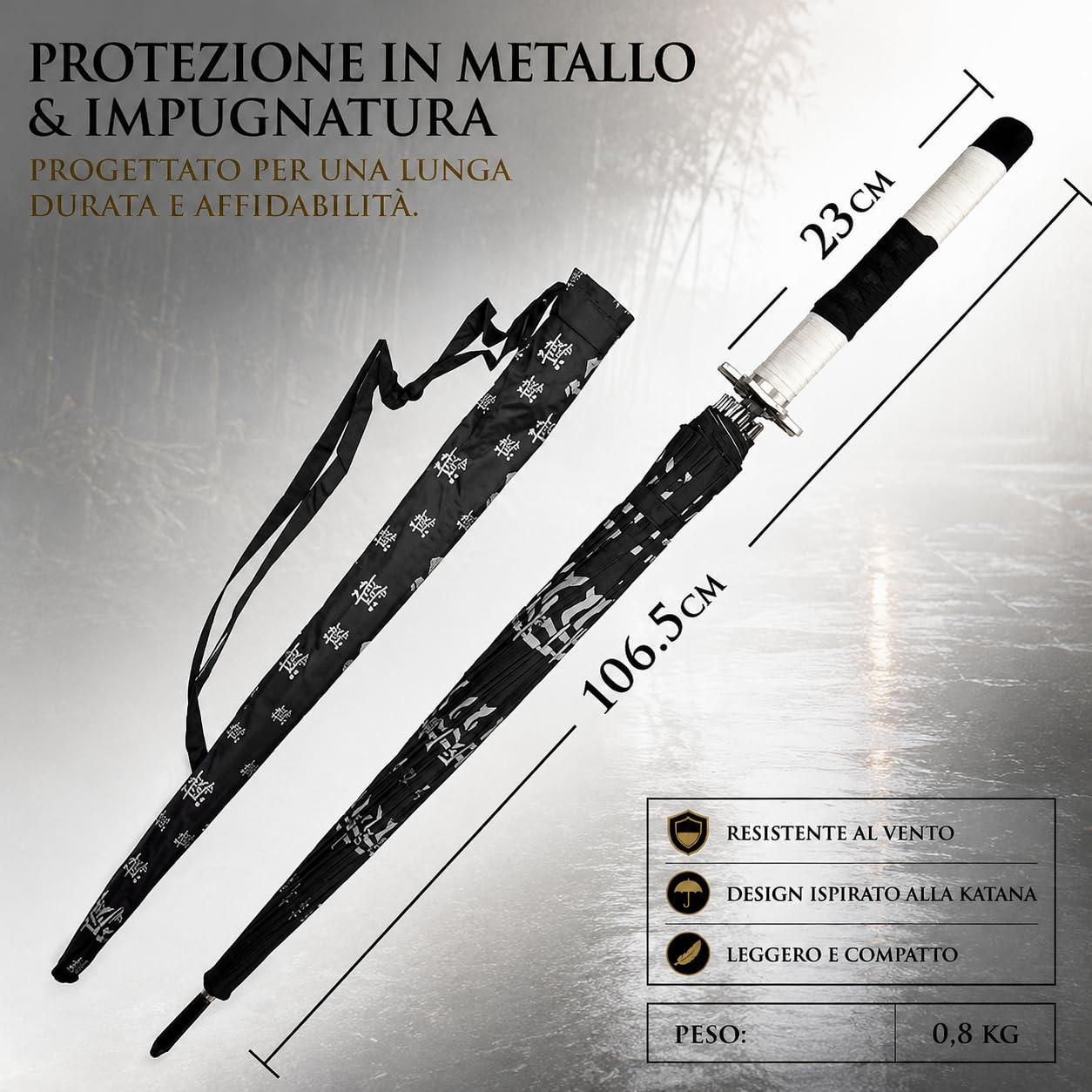 Demon Slayer Ombrello - Anime Pioggia Cosplay Katana Apertura Automatica Spada Ninja Parasole, Nero, Bianco