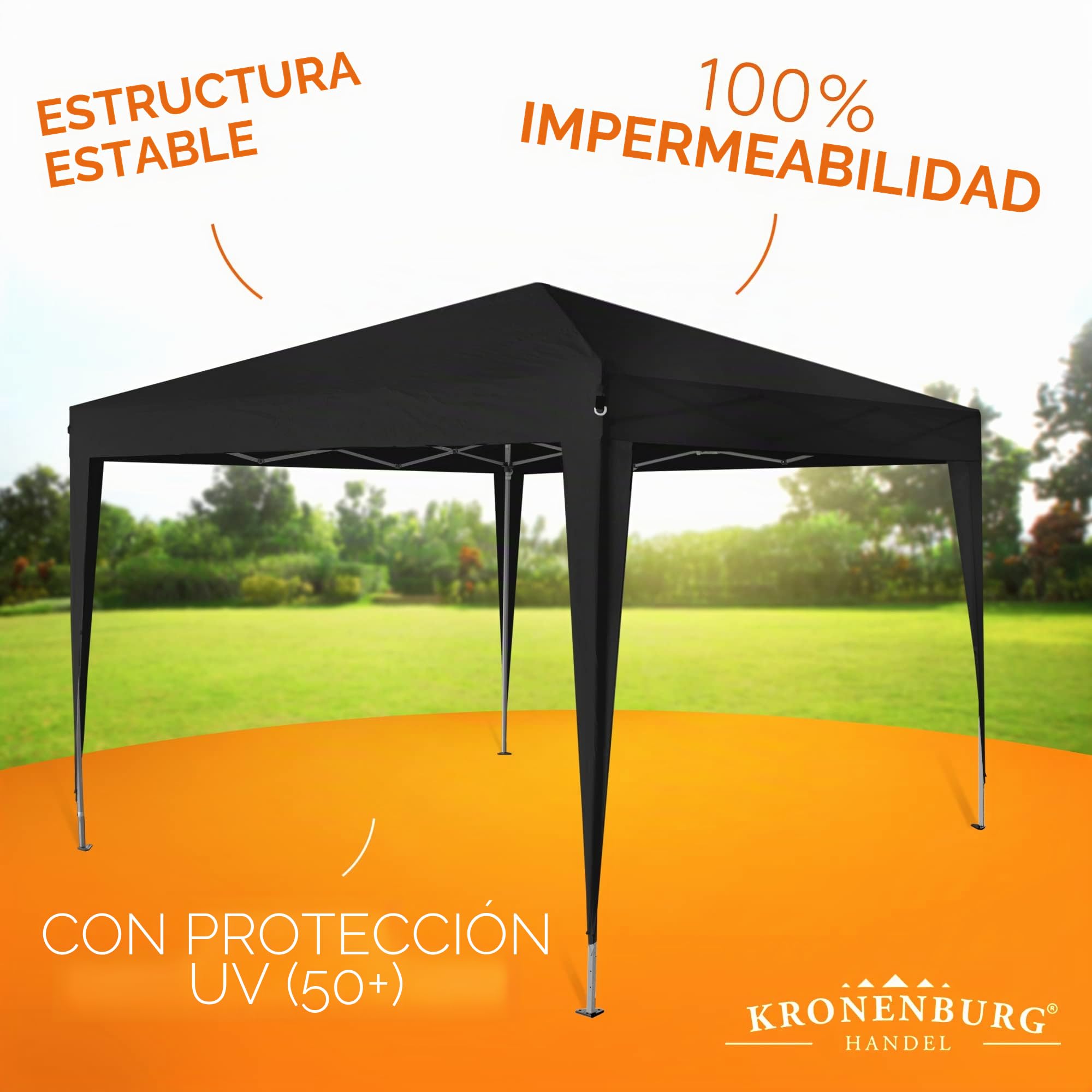 Kronenburg Cenador plegable resistente al agua, 2 x 2 m, protección UV 50+ cenador en negro