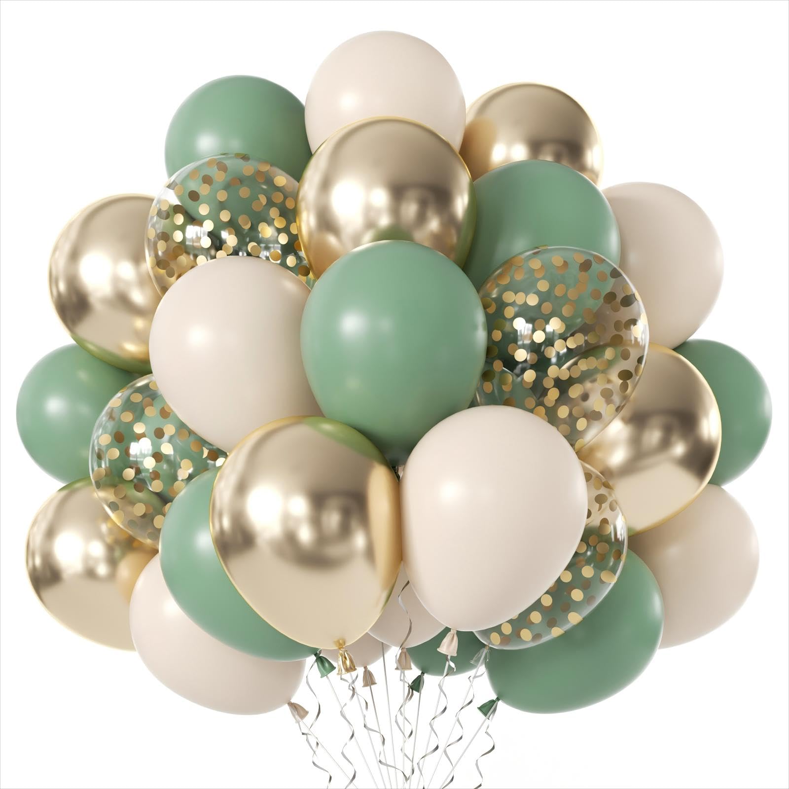Sage Green Gold Confetti Balloons - 50 pcs 12 inch Olive Green Sand White Metallic Gold Confetti Balloons for Boho Birthday Wedding Bridal Shower Party Decorations