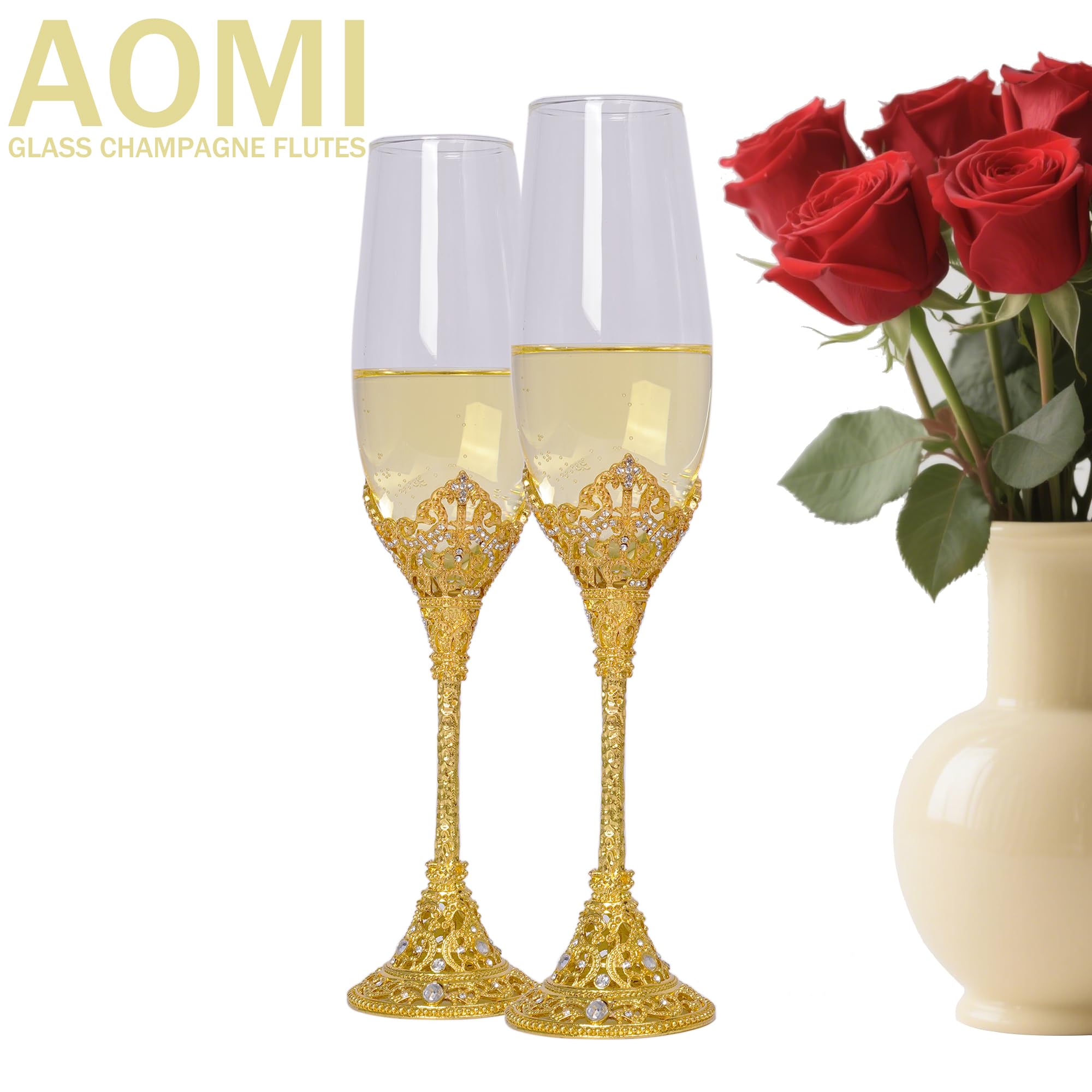 AOMI Copas de champán de boda de cristal de lujo, juego de copas de champán con tachuelas doradas de 7 onzas, elegante par de flauta grabada con caja de regalo, perfecto para bodas, aniversarios y