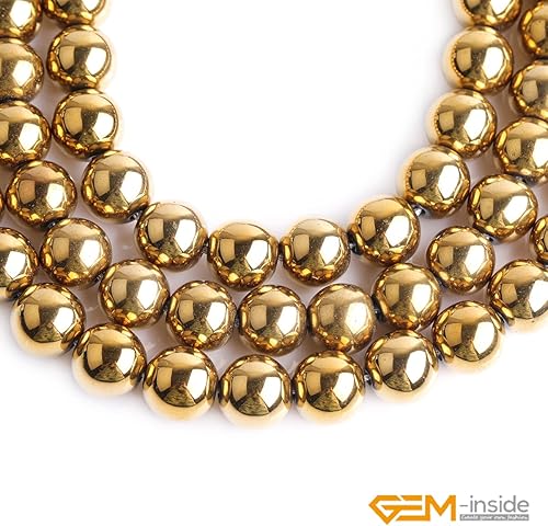 Miniatura 4 de GEM-insid - Cuentas redondas no magnéticas de hematita de oro natural de 0.472 in para hacer joyas, pulseras y collares de 15 pulgadas