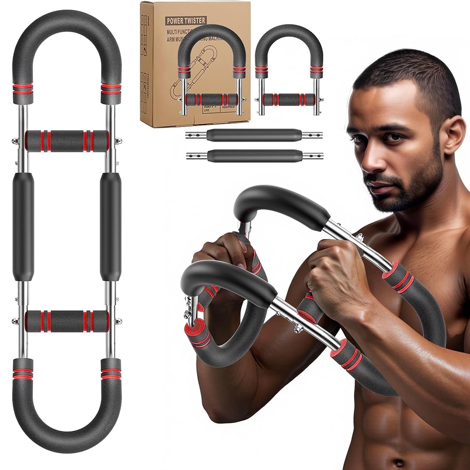 Twister Arm Trainer, Adjustable Chest Workout Equipment Upper Body Strength Training, Portable Power Twister Bar with Detachable Design, Arm Trainer, Home Gym & Travel Fitness Tool (Black red)