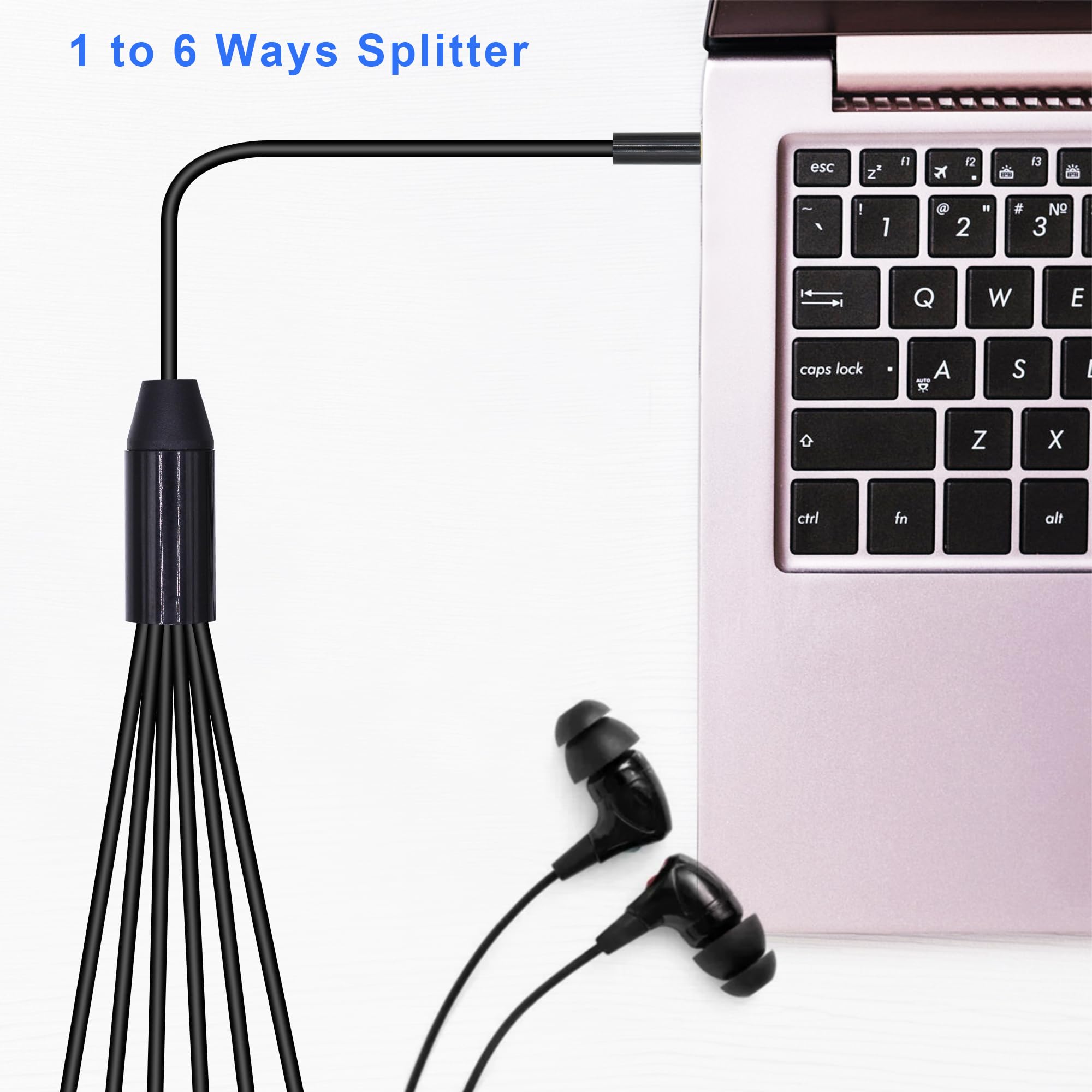 Divisor de auriculares de 3,5 mm, 1 a 6 vías, 3,5 mm, TRRS chapado en oro de 4 polos, macho a conector estéreo de 6 hembras, cable de audio para auriculares y micrófonos (50 cm)