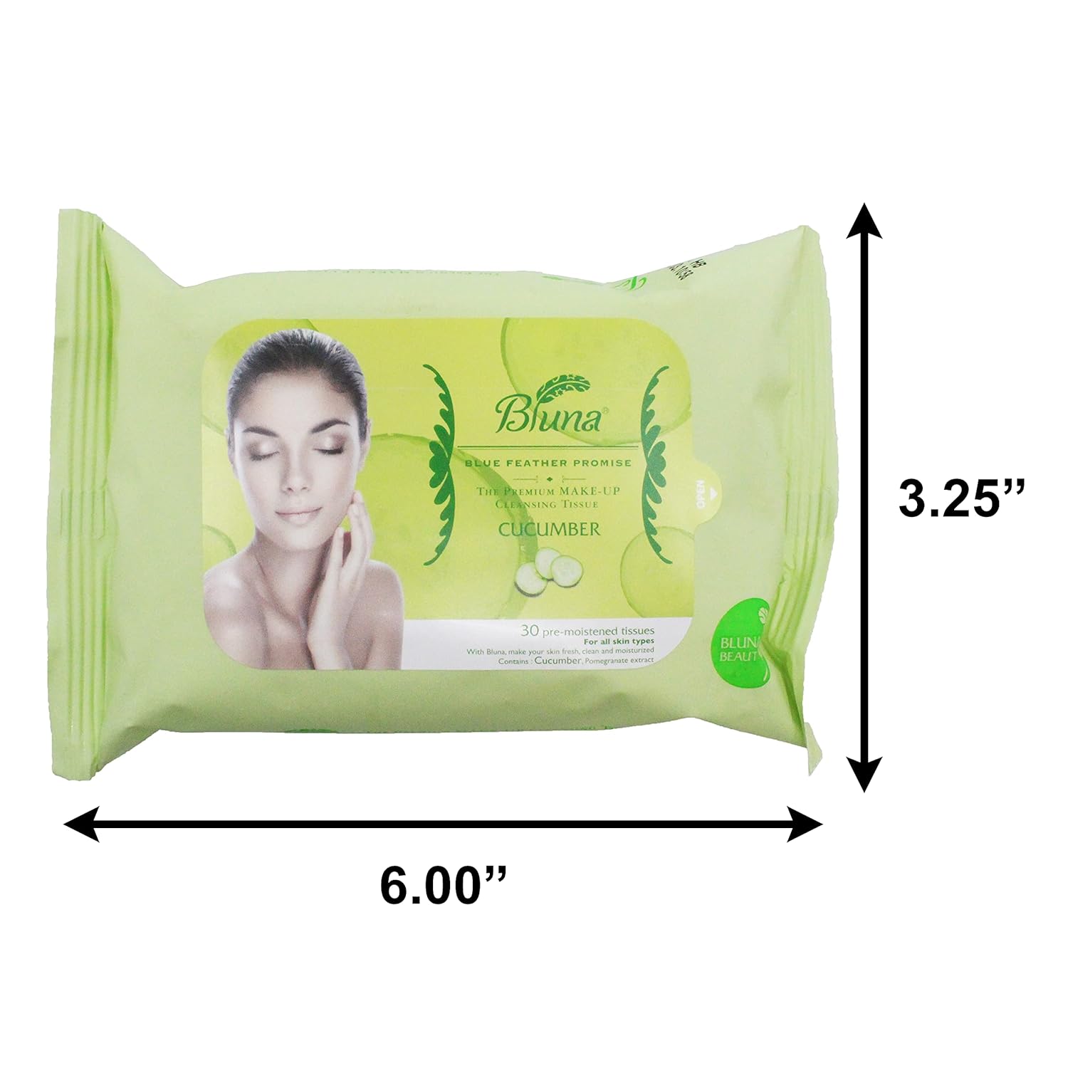 Bluna Facial Make-Up Cleansing Tissue for All Skin Types, Cucumber, 30ct per pack (6 PACK)