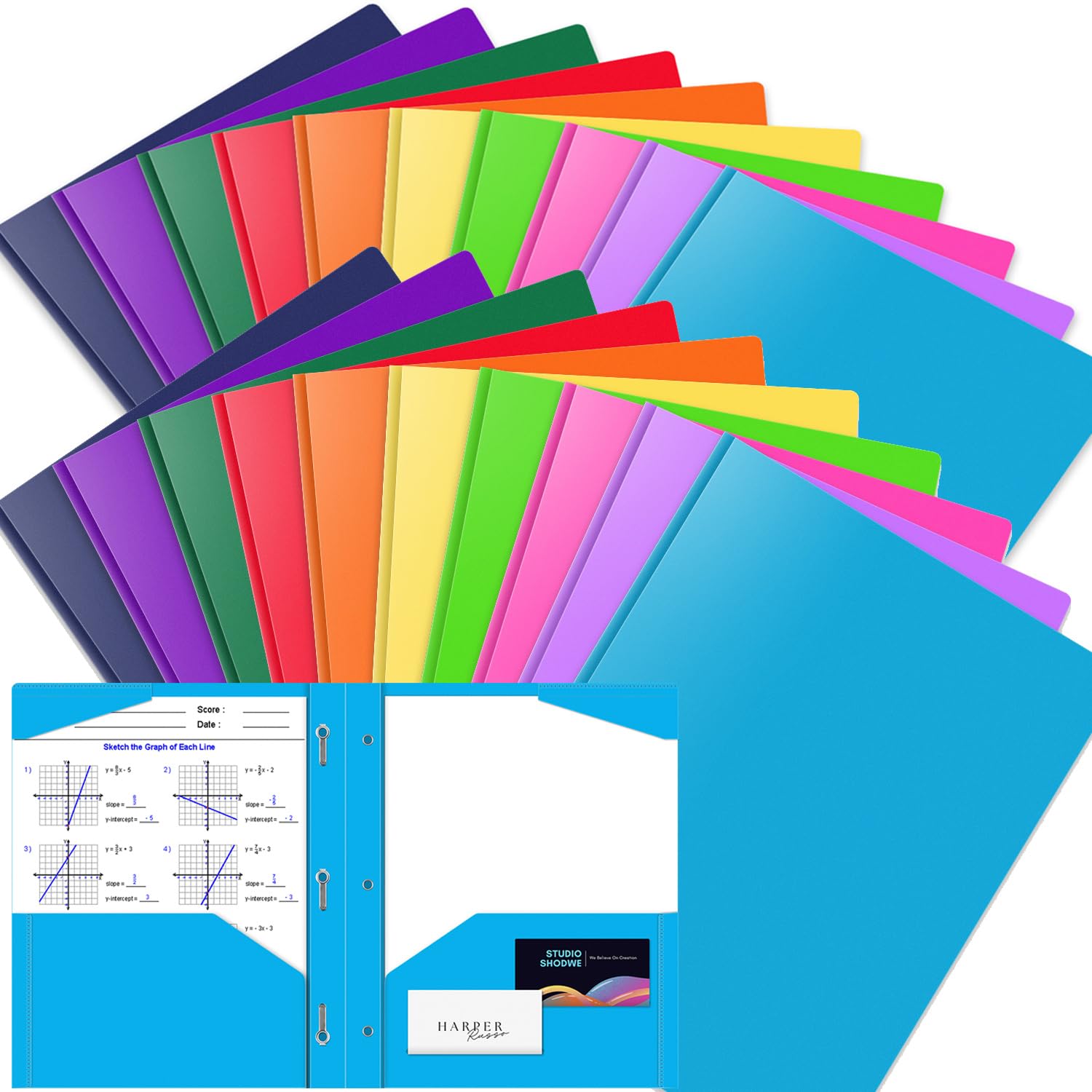 OTCRAFT 20 Pack A4 Pocket Plastic Folder 2 Pockets and 3 Prongs 2 Card Slots, Durable, Tear-Resistant Heavy Duty Pocket Folders with Prongs, Colored Prong Folders for Schoolwork & Officer(Colors)