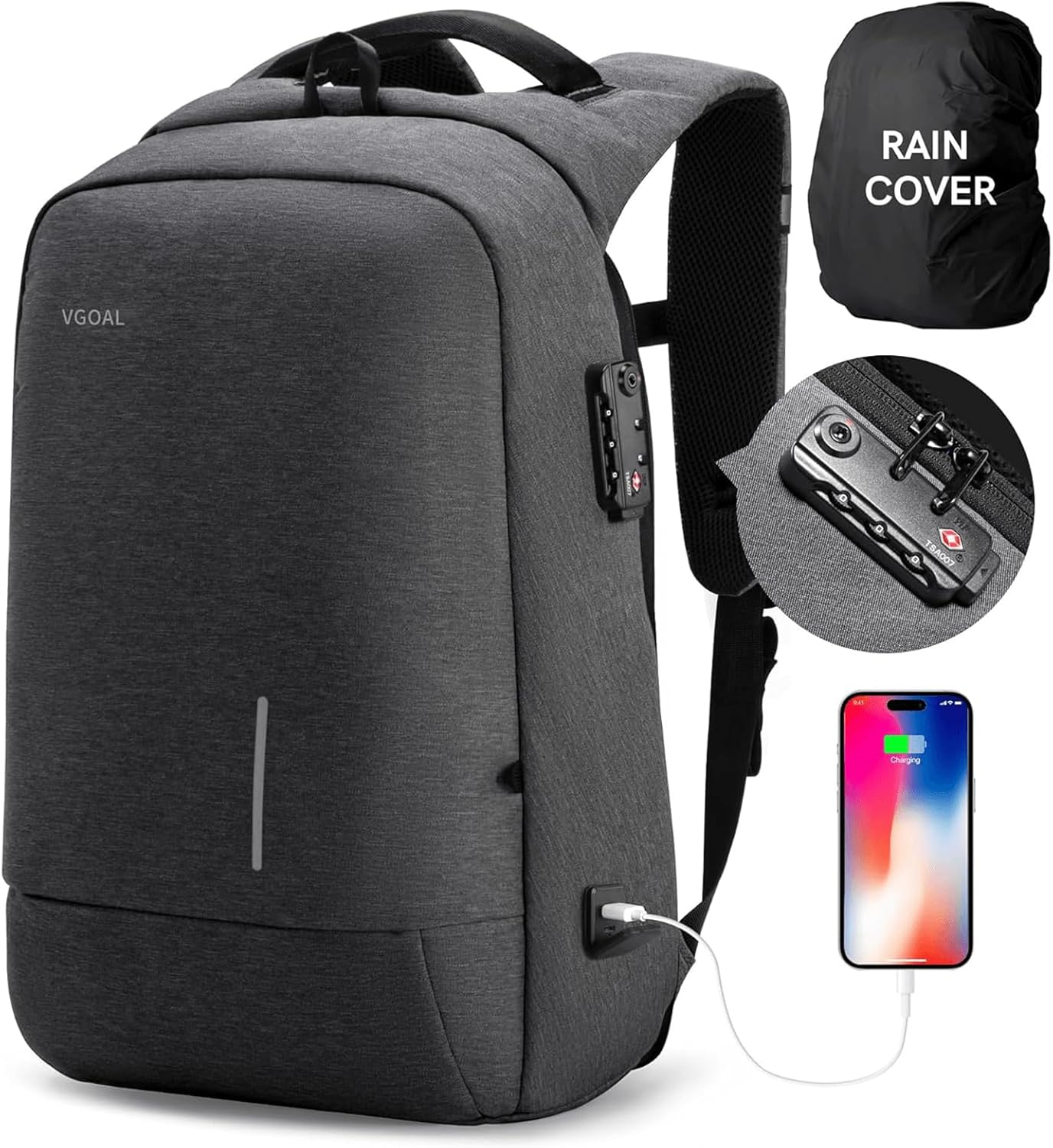 VGOAL Laptop Backpack 15.6 inch with TSA Lock and USB Charging Flight Approved Carry on Business Backpack Anti Theft Traveling Bag for Men and Women 15.6 INCH Dark Grey