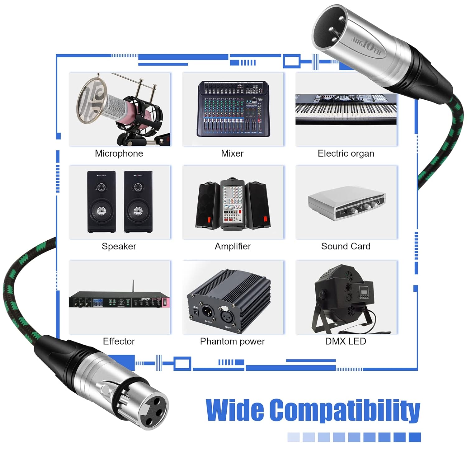 Augioth XLR to XLR Pro Mic Cable Male to Female XLR Cable 3-pin Green Balanced Shielded Microphone Cable for Amplifier Mixer,Speaker Systems,Recording Studio,10Ft : Electronics