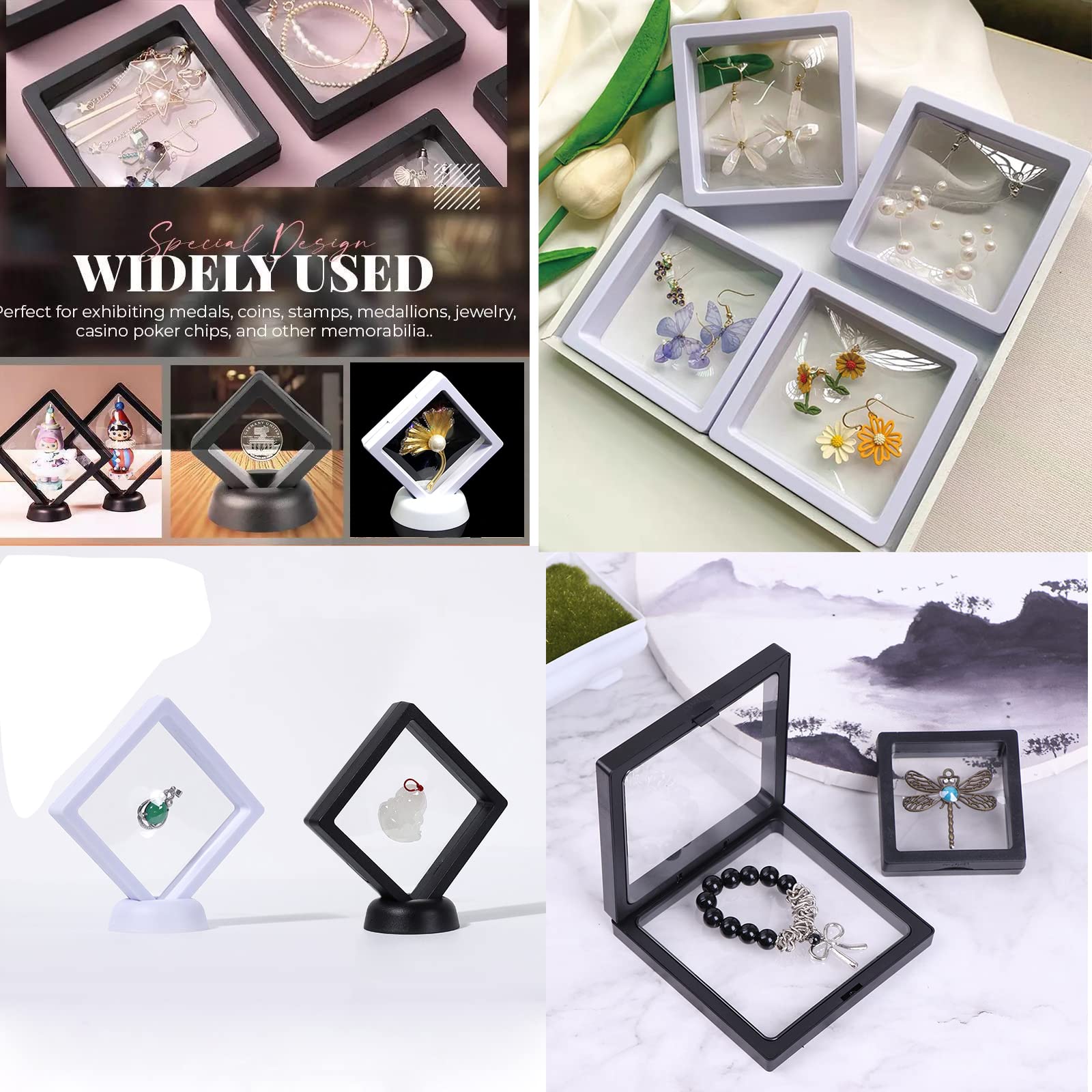 12 sztuk Floating Frame Display 3D, ramki na monety z podstawowym wyświetlaczem na biżuterię, kolczyki, pierścionki, medaliony, kamienie (czarny, biały)
