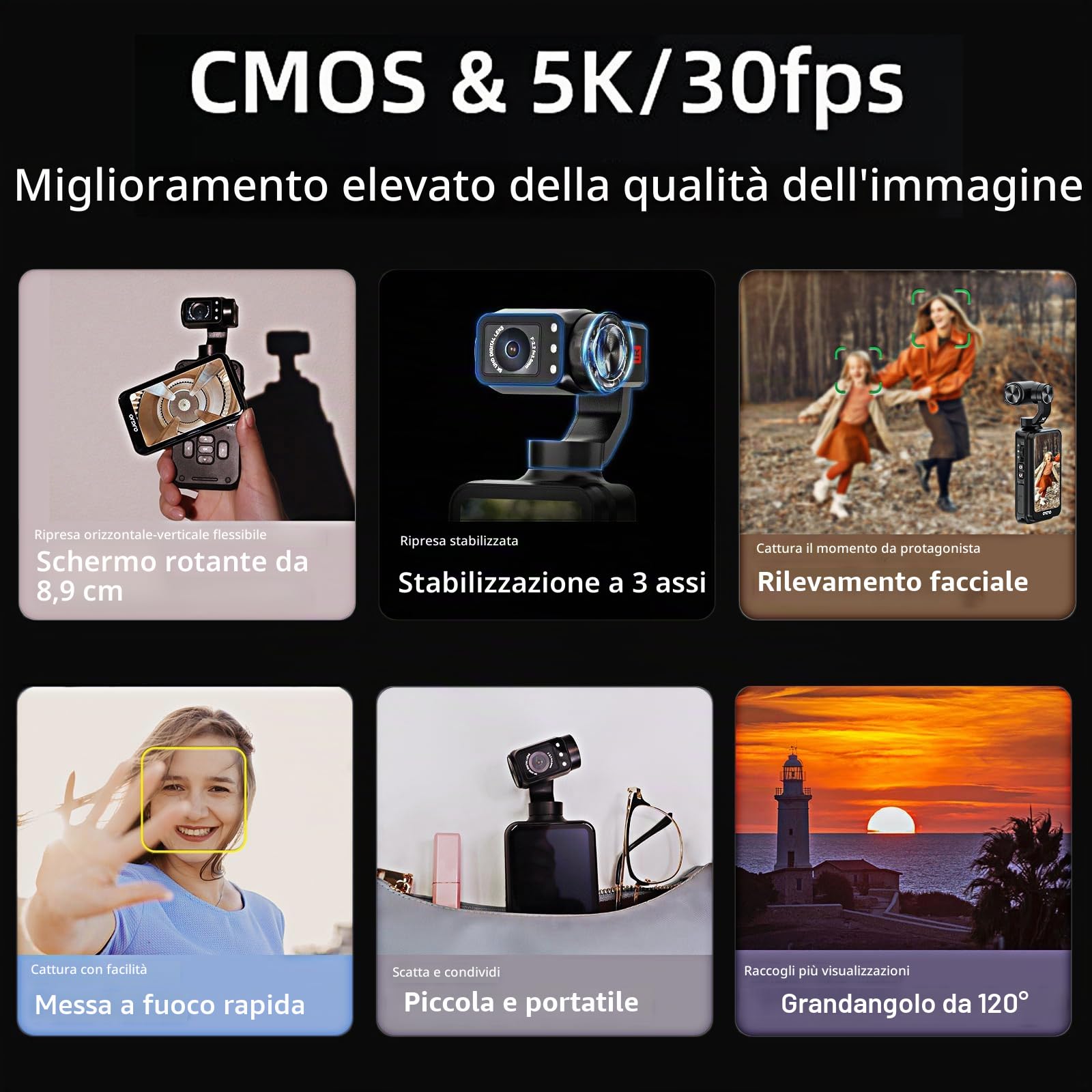 ORDRO M5 5K - Fotocamera da Vlogging con Stabilizzatore a 3 assi, angolo ultra ampio di 120°, visione notturna a infrarossi, schermo IPS girevole da 3,5", piccola videocamera da Vlog con scheda SD da