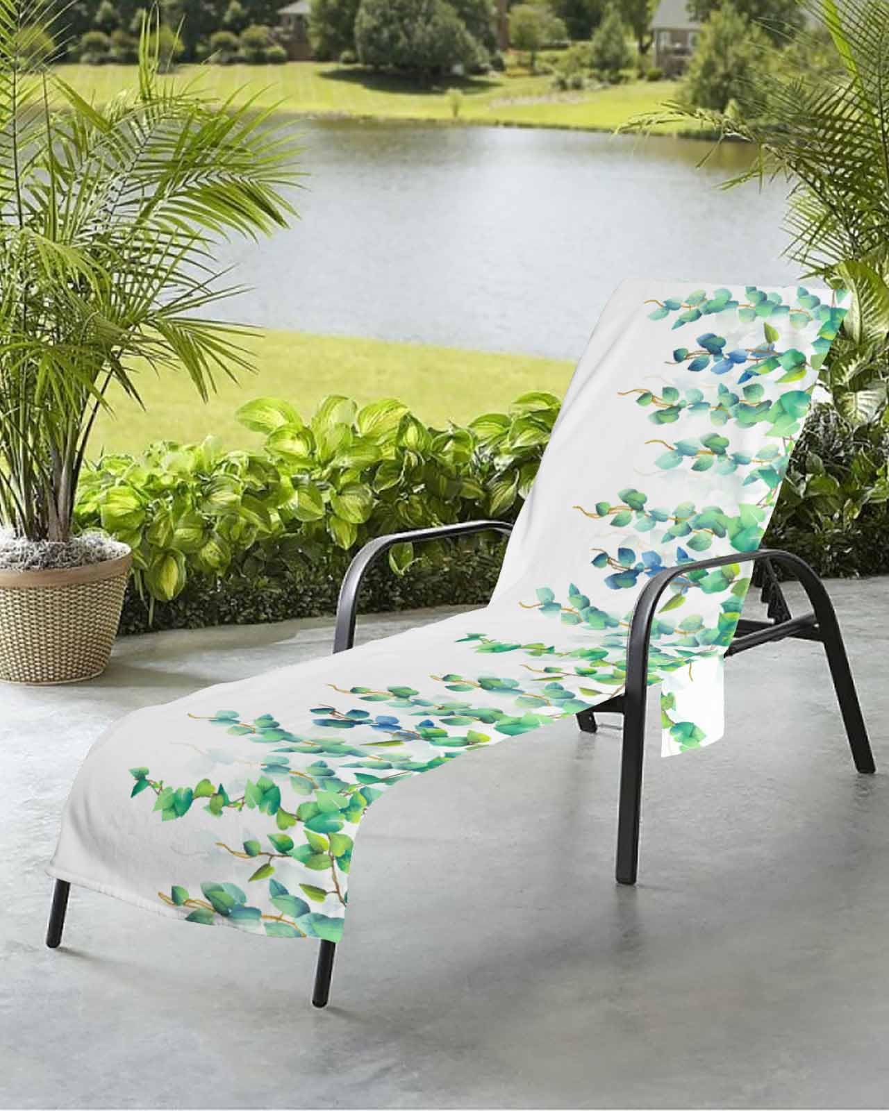 Green Leaves Beach Chair Towel Covers for Chaise Lounge with Side Pocket, Soft Plush Pool Towels Cover for Patio Sunbathing Outdoor 29''x85'' Weeping Vine Paintings Watercolor