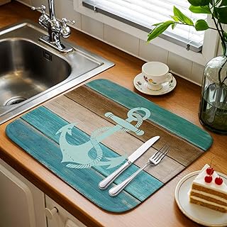 Absorbent Dish Drying Mat, Nautical Anchor Teal Wood Board Kitchen Counter Mat Dish Drying Pad Set of 1, Farm Vintage Wooden Washable Microfiber Dishes Drainer Mats