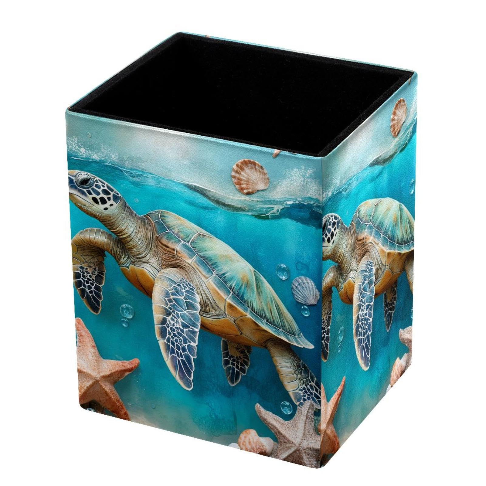 HEOEH Pen Holder for Desk, Ocean Turtle Starfish Pencil Holder Pen Organizer, PU Leather Pencil Cup Makeup Brush Holder for Home School Office Supplies