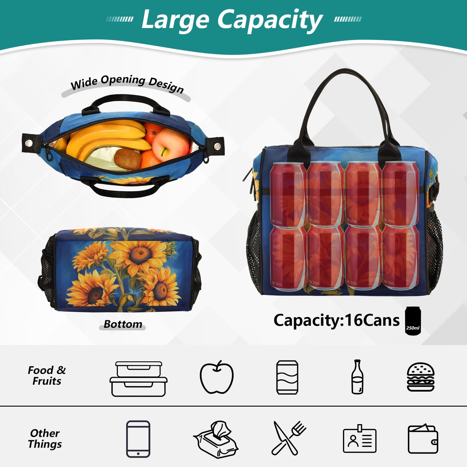 Bolsa De Almuerzo Aislada Con Estampado De Girasol - Gran Capacidad, Impermeable Y Térmica - Ideal Para Picnic, Trabajo O Playa