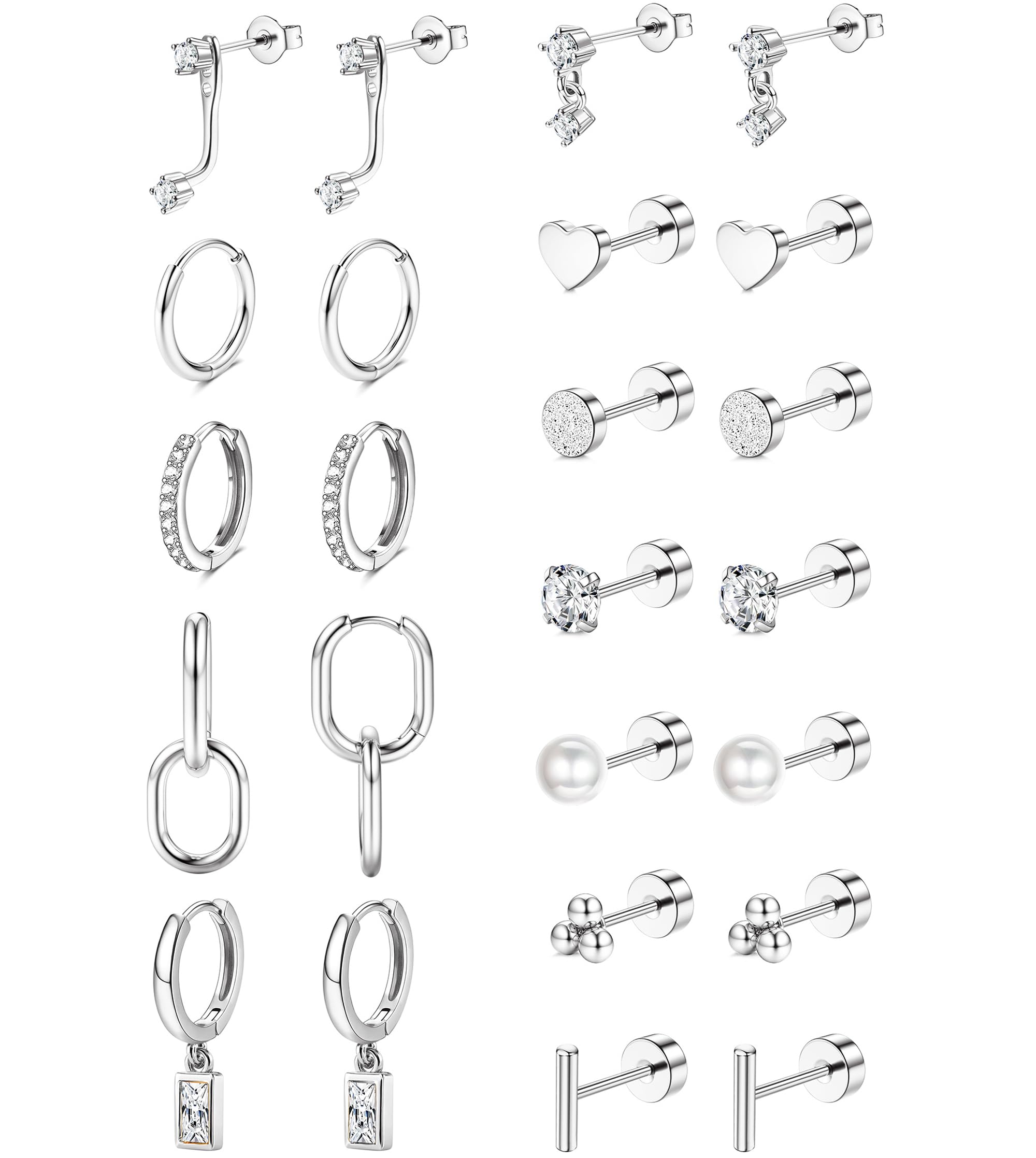 BESTEEL 12Pairs Hypoallergenic Flat Back Earrings for Women - 14K Gold Plated Stainless Surgical Steel Earring Stacks Set Small Dangle Stud Hoop