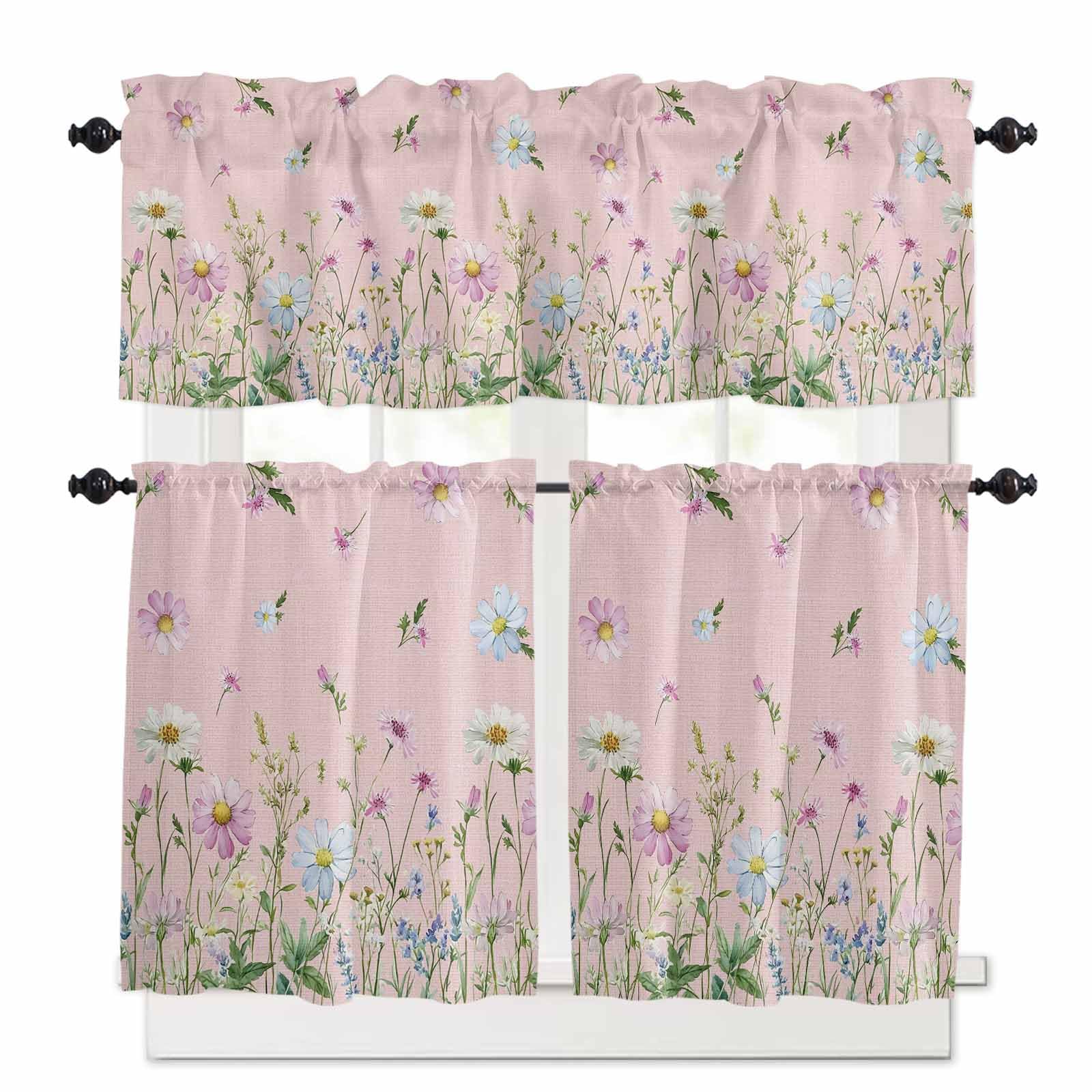 Flower Pink Kitchen Curtains 24 Inch Length,3 Piece Rod Pocket Small Half Tiers and Valance Set,Blue Pink Daisy Wildflower Floral Botanical Small Large Window Treatment Decor for Bedroom/Bathroom