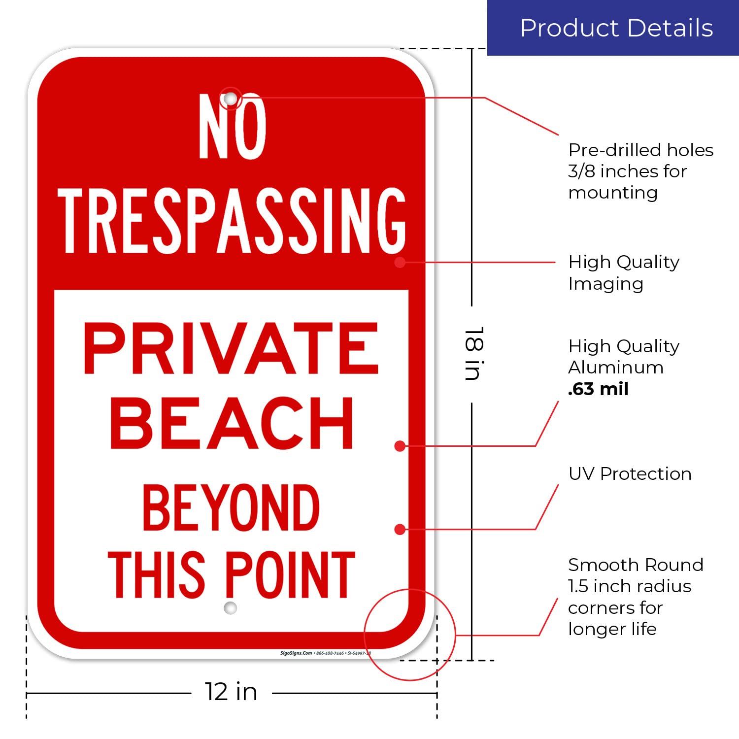 Private Beach Beyond This Point Sign, 12x18 Inches, Rust Free .063 Aluminum, Fade Resistant, Made in USA