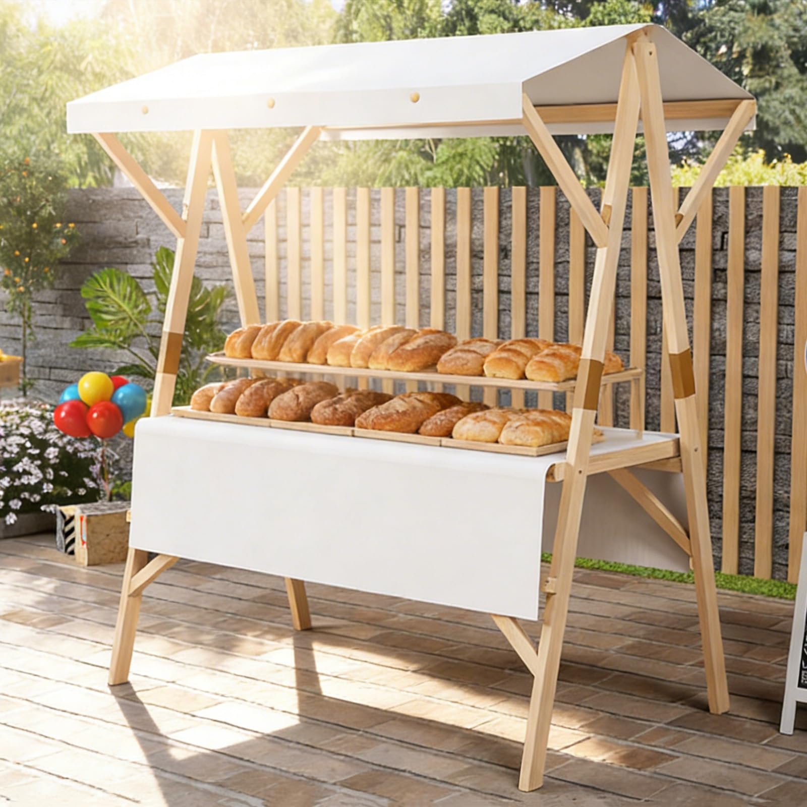 HARELA Marktstand Imbisswagen Aus Holz, Faltbarer Verkaufsstand Mit Vordach, Marktstand-Ausstellungsständer für Outdoor, Verkaufsstand Für Hotdogs, Eis Und Snacks(White,150cm/59in)