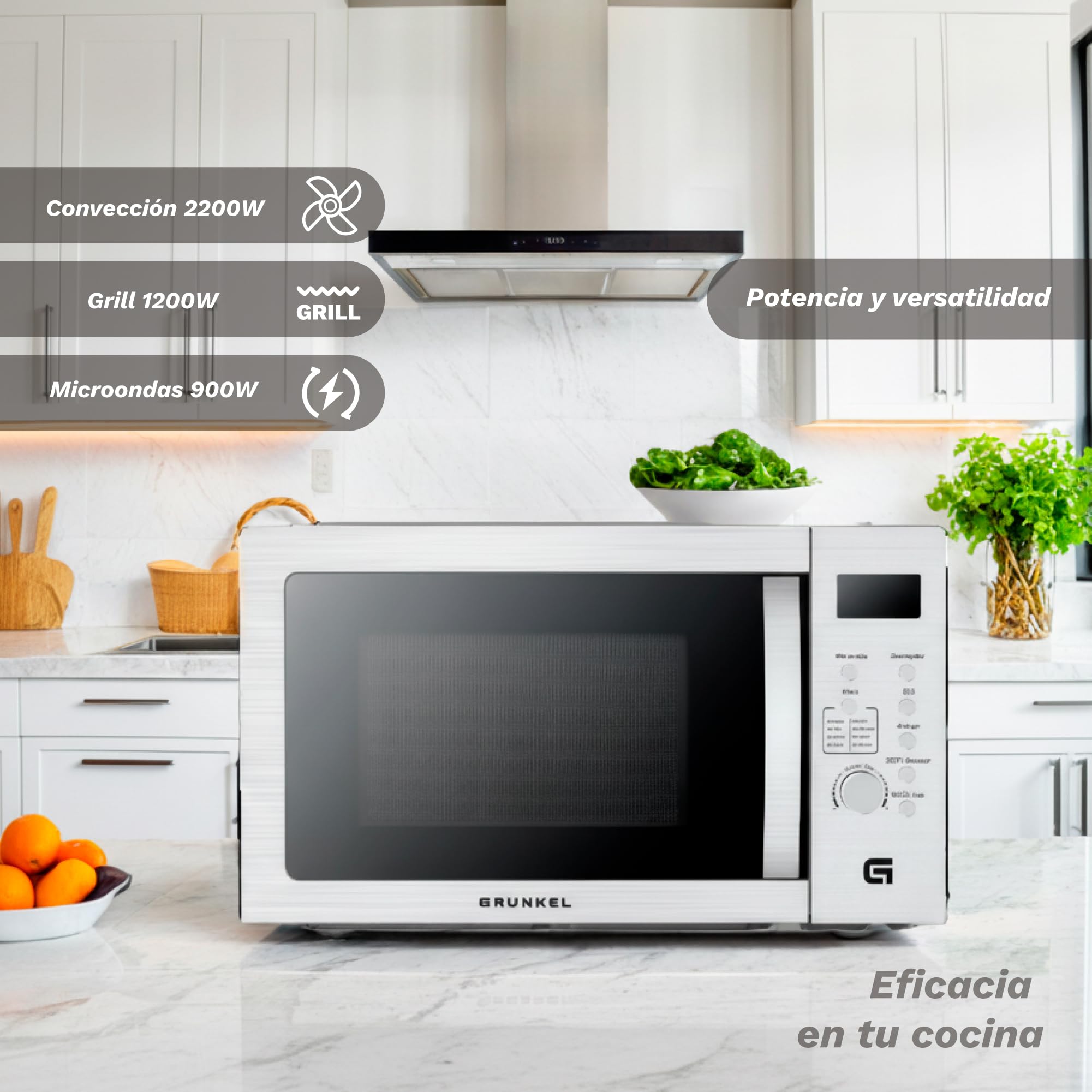 Microondas con grill y airfryer Grunkel MW-28AIRFRYER de 28 litros y 3 funciones, microondas 900W, grill 1200W, airfryer y horno 2200W con 5 niveles de potencia 8 programas y descongelado.