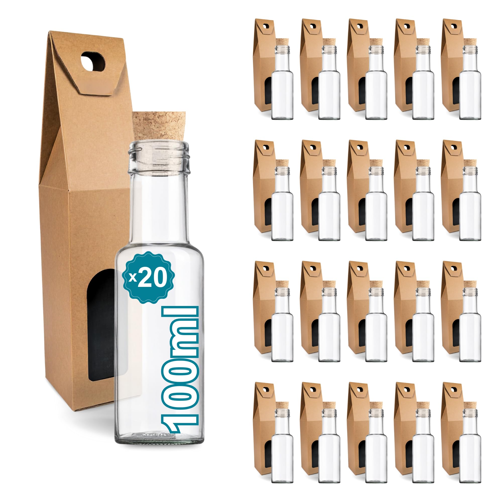 Set 20 Piccole Bottiglie di Vetro 100 ml con Tappo in Sughero + 20 Scatole – Mini Bottiglie Regalo per Liquore e Olio | Espirito Rebelde
