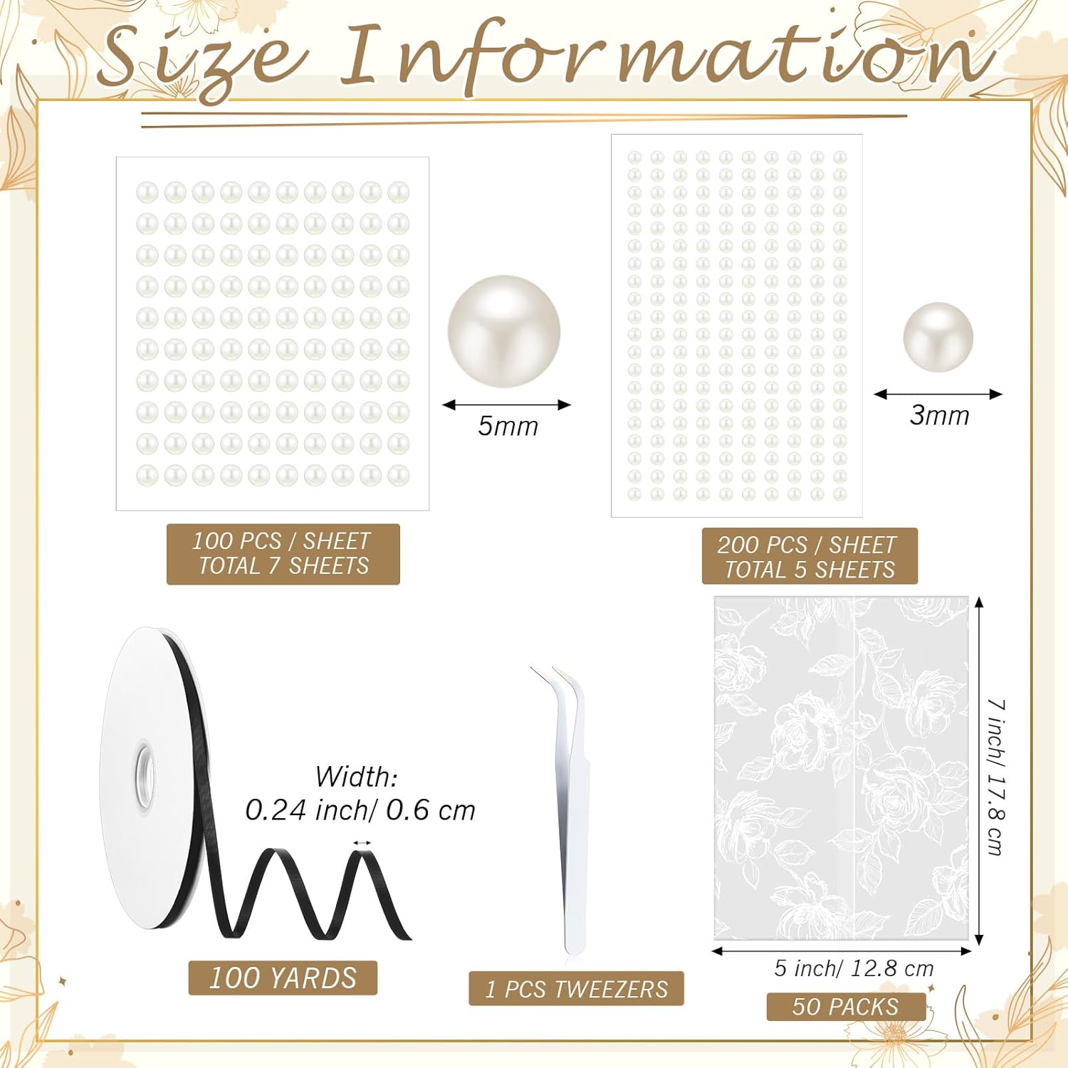 Faccito 50 Pcs Pre Folded Vellum Jackets for 5x7 Invitations Wedding Invitation Vellum Paper, Pearls Stickers, Ribbon, Tweezers, Envelope Tissue Paper Inserts for Wedding Birthday DIY Craft (Flower)