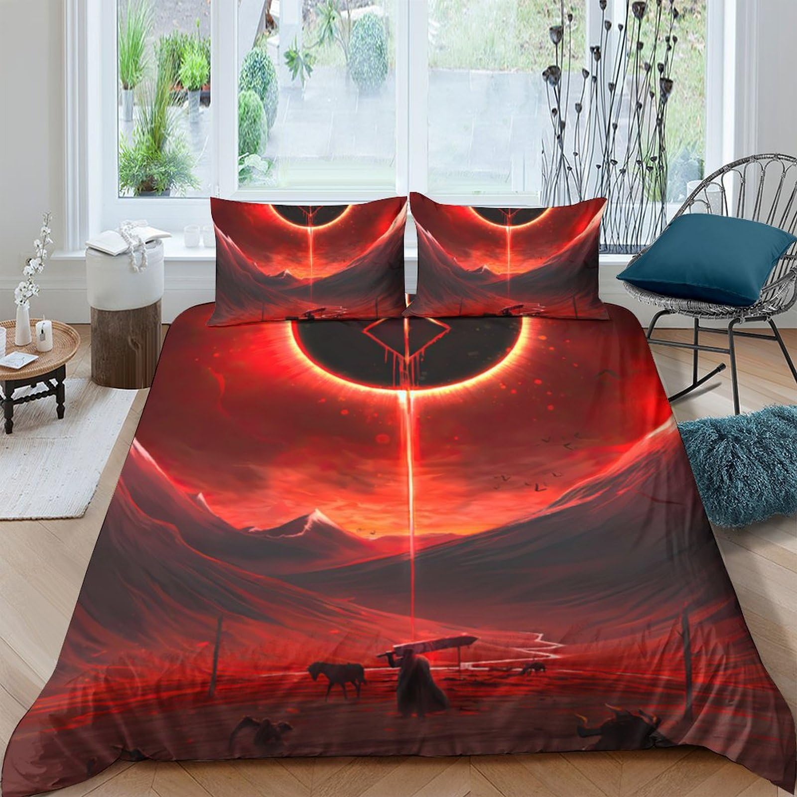 Ctjqhvkz Style-8 3D Printed Solar Eclipse Fitted Sheet Microfiber Red Volcano Bed Cover For Bedroom Dorm Mattress Protection Decor Single（135X200cm）