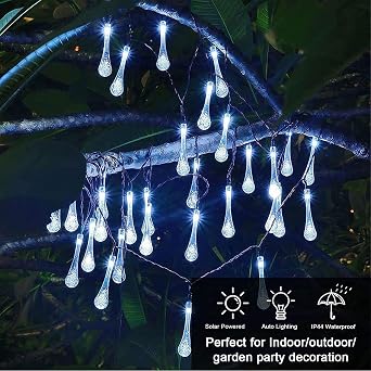 2 Pack Solar Water Drop String Lights,62FT 100 LED Solar Powered String Lights Outdoor Waterproof, 8 Modes Teardrop Lights for Gardens Christmas Tree Patio Yard Party Holiday Decor (100 LED, White)