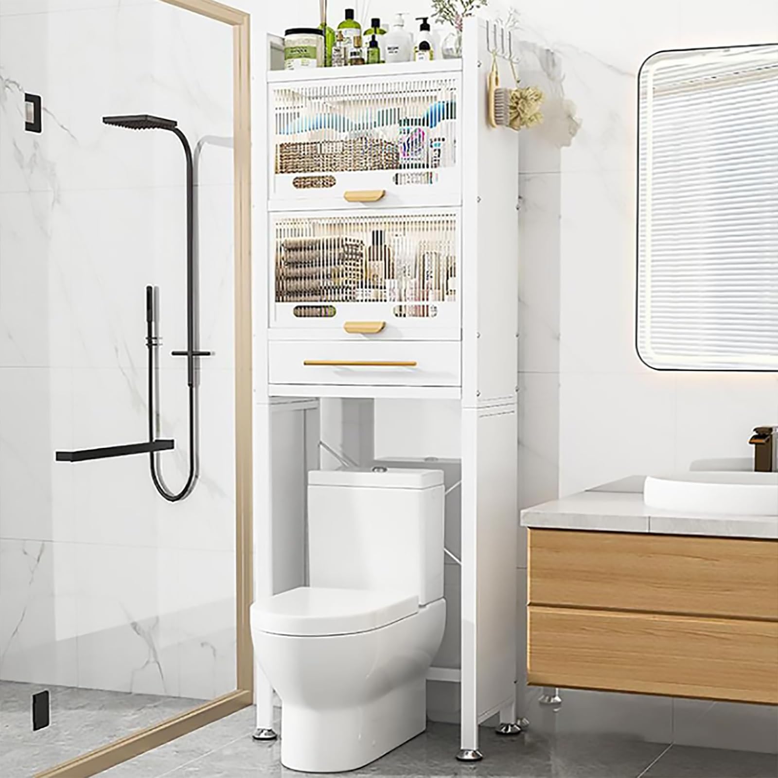 Mobiletto nizer sopra WC - 4 Ripiani Mensola Bagno Bianco in Metallo Soluzione Salvaspazio per Bagno e Lavanderia Portaoggetti Elegante e Funzionale