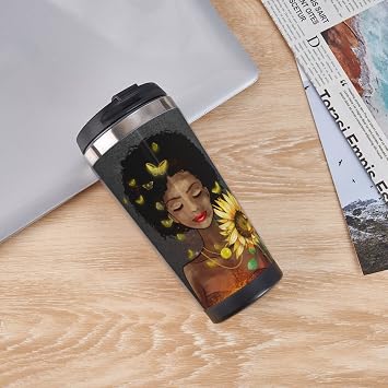 Funny Travel Mugs For Women Men Cute African American Black Girl Coffee Mug, Stainless Steel Mug For Birthday Friends Gifts 12 Oz