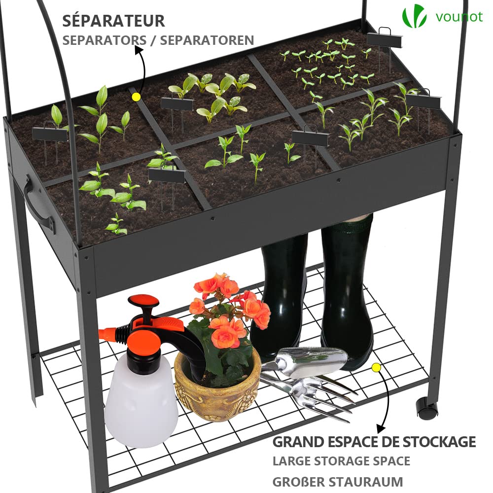 VOUNOT® Huerto Urbano Terraza Mesa de Cultivo Cubierta de Protección, Jardinera Elevada con Ruedas Asa Lateral y Estante Inferior, para Plantas Flores Verduras Jardín Interior Exterior, Negro